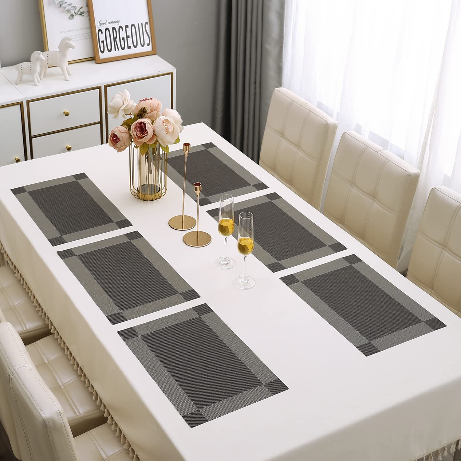 Image of CASA FURNISHING Rectangular Pack of 6 Table Placemat (Grey, Black, PVC)