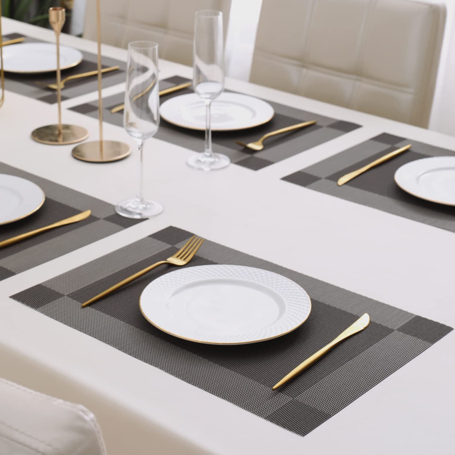 Image of CASA FURNISHING Rectangular Pack of 6 Table Placemat (Grey, Black, PVC)