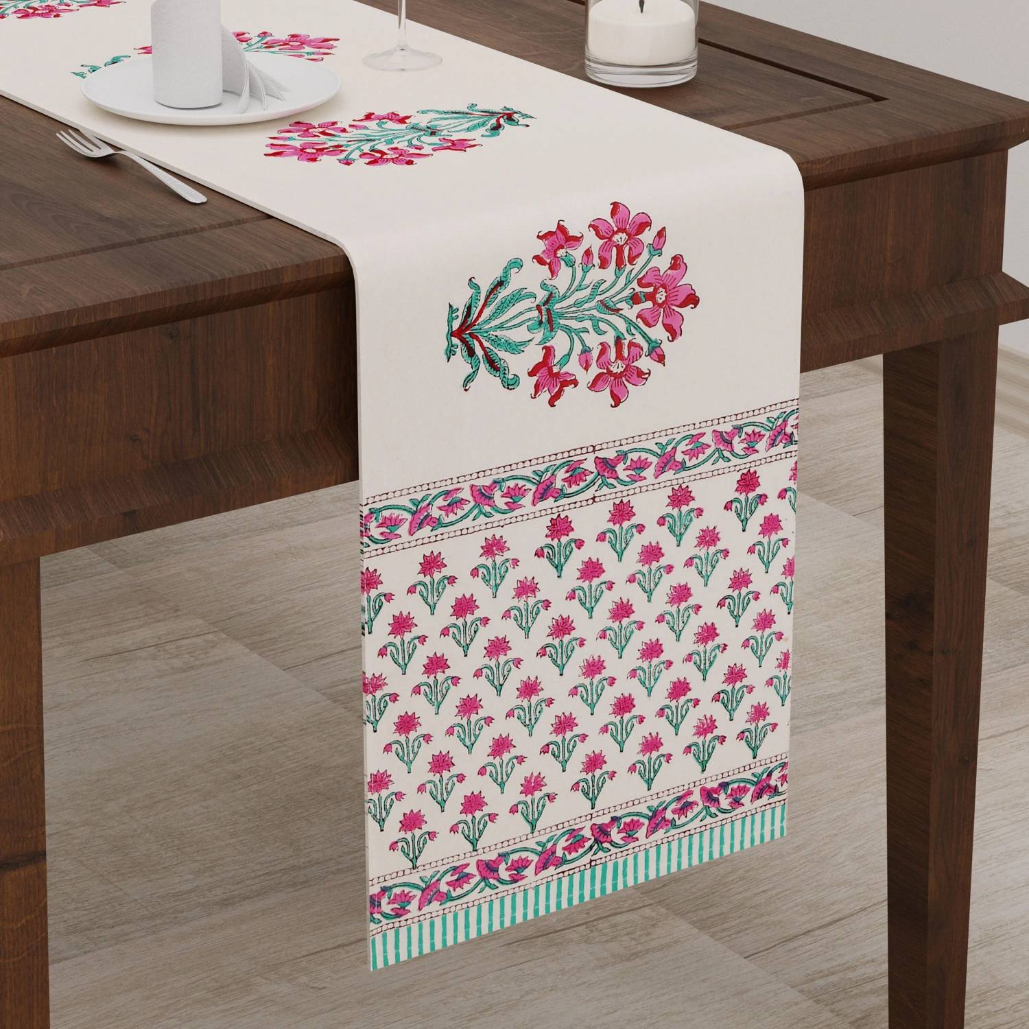 Blocks Of India Pink, Red 182 cm Table Runner