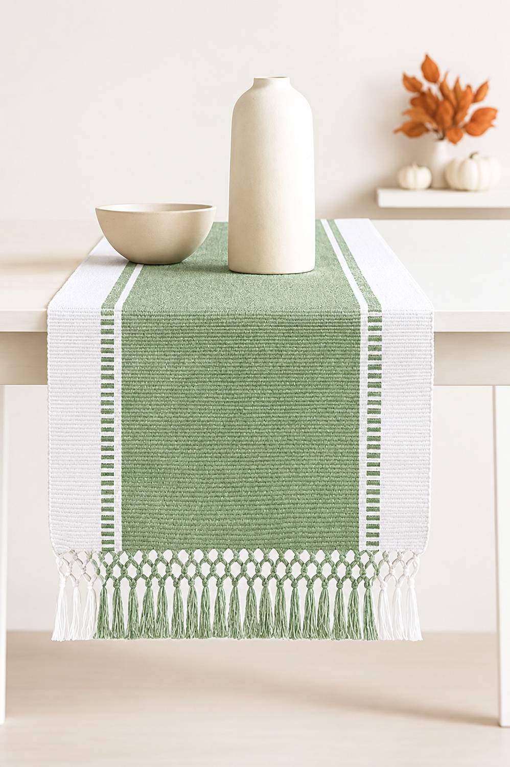 Bloomtex Light Green, White 137 cm Reversible Table Runner