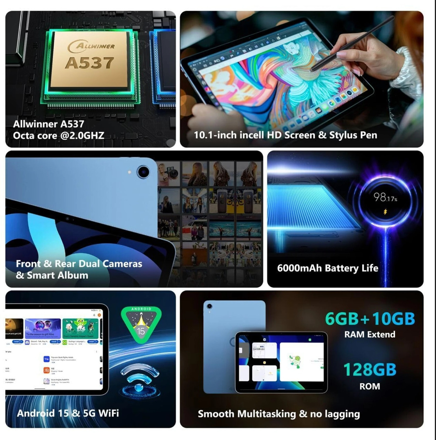 Image of G Tab PAD10 Pro 128GB 10.1″ HD Android 15 Tablet, 16GB RAM, 6000mAh, Stylus 16GB RAM (6GB built-in + 10GB expandable) GB RAM 128 GB ROM 10.1 inch with Wi-Fi Only Gaming AllWinner A537 Octa-Core Processor Tablet (Gray)