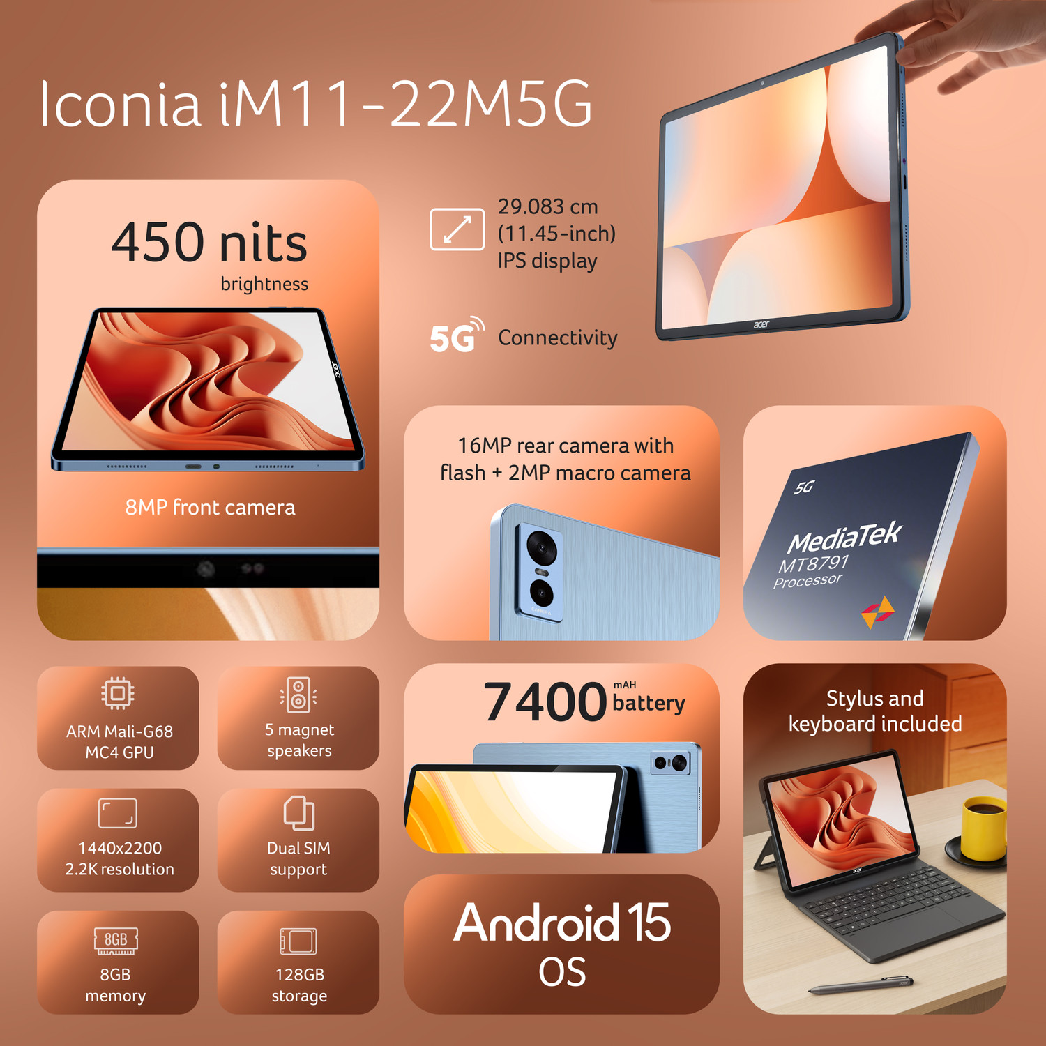 Image of Acer Iconia iM11-22M5G with Stylus and Keyboard 8 GB RAM 128 GB ROM 11.45 inch with Wi-Fi+5G MediaTek 8791 CPU - Octa core Up to 2.4 Ghz Tablet (Blue)