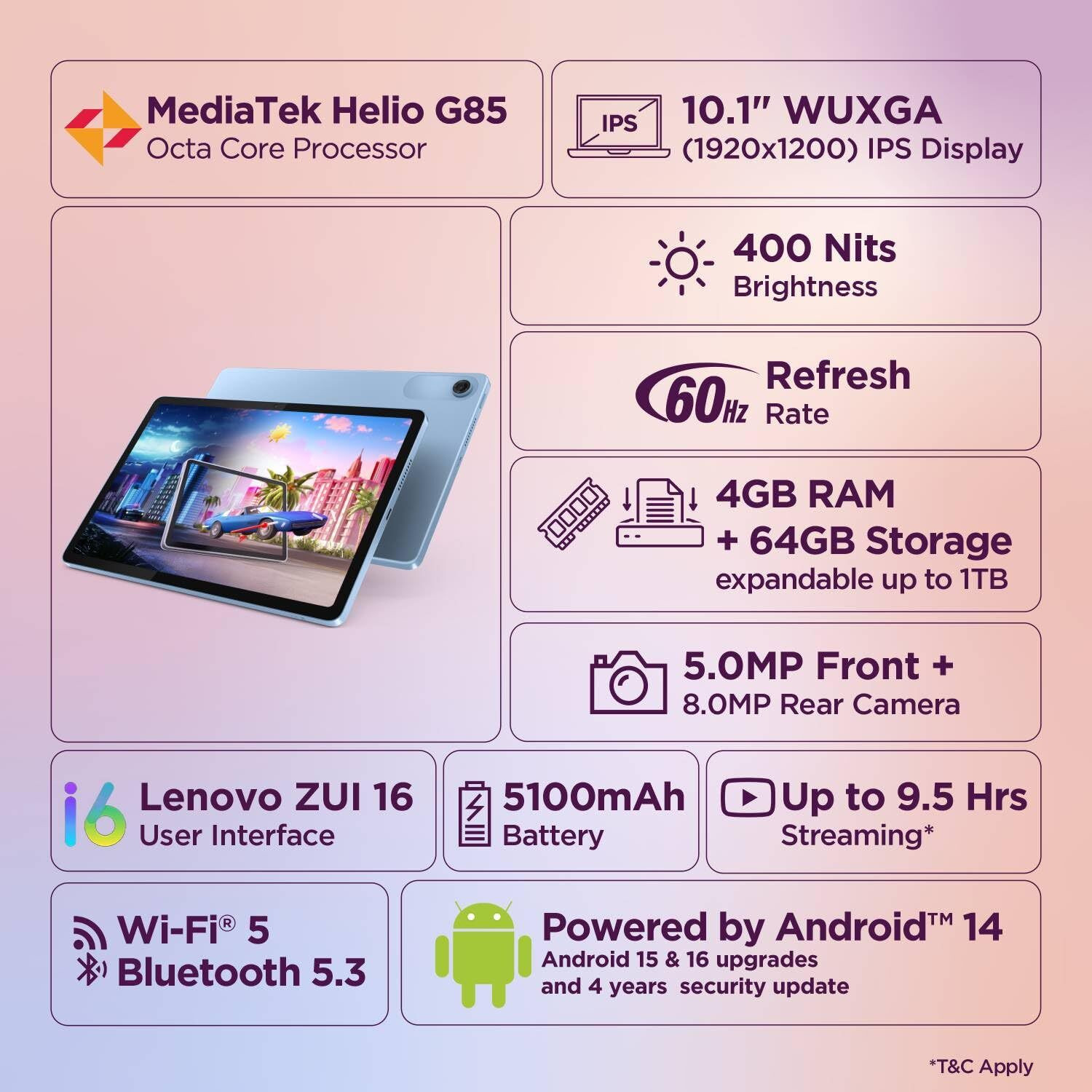 Image of Lenovo Tab 10.1 Inch Display, Metal Body, Dual Speakers with Dolby Atmos 4 GB RAM 128 GB ROM 10.1 inch with Wi-Fi Only MediaTek Dimensity Helio G85 Processor Tablet (Polar Blue)
