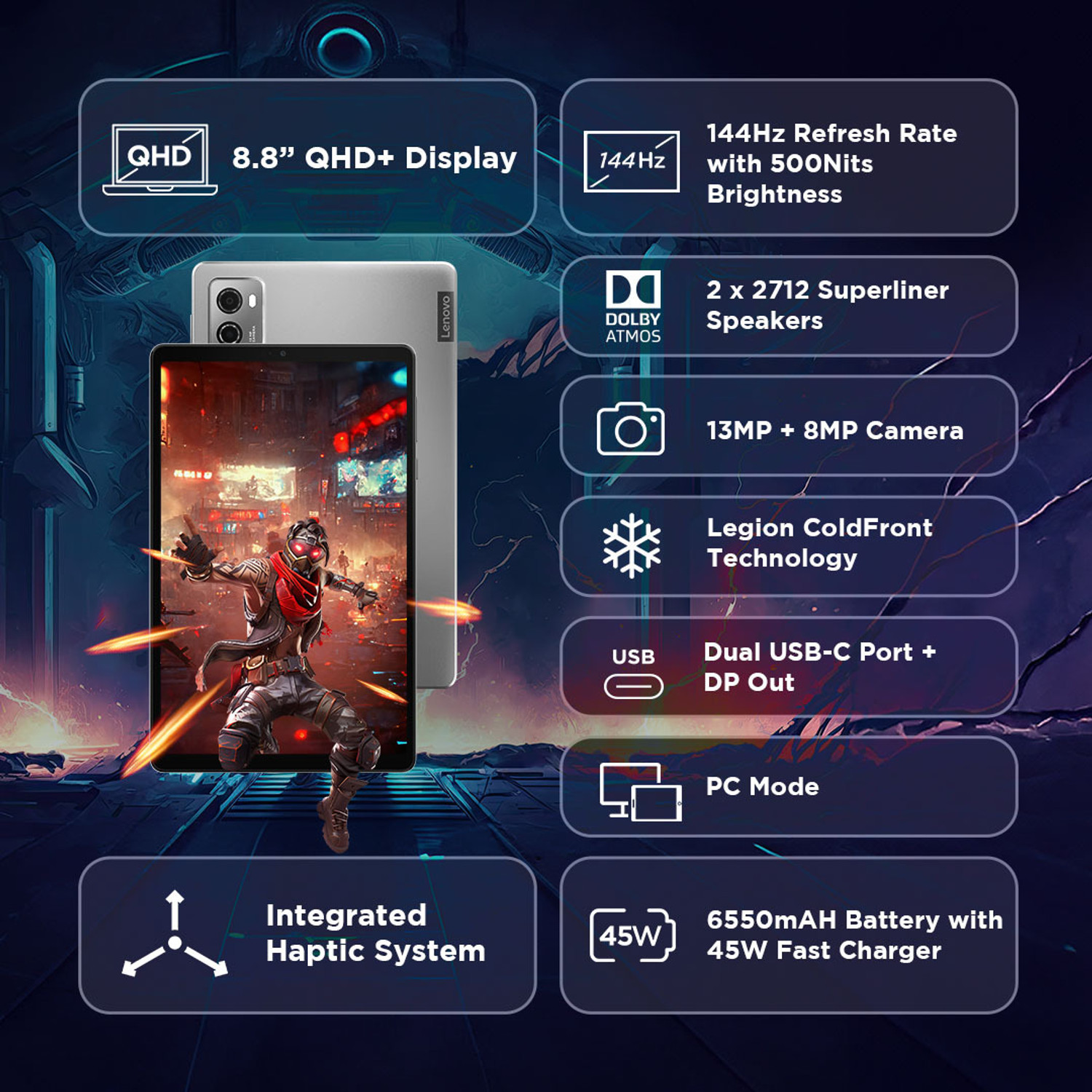 Image of Lenovo Legion 12 GB RAM 256 GB ROM 8.8 inch with Wi-Fi Only Gaming Qualcomm Snapdragon 8+ Gen 1 Tablet (Storm Grey)