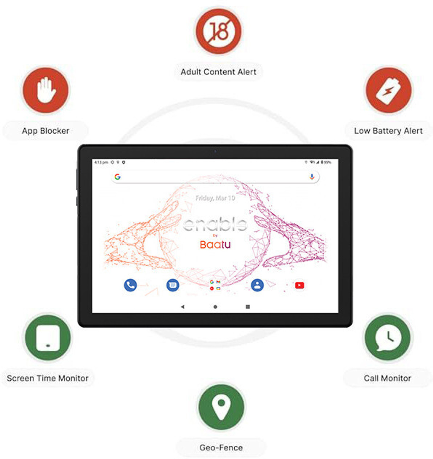 Image of Baatu Enable Tablet, (India's 1st Parental Control Tablet), 4 GB RAM 64 GB ROM 10.1 inch with Wi-Fi+4G MediaTek Tablet (Tablet for Kids, App Blocker, Content Monitor, Location Tracking, Web Blocker)