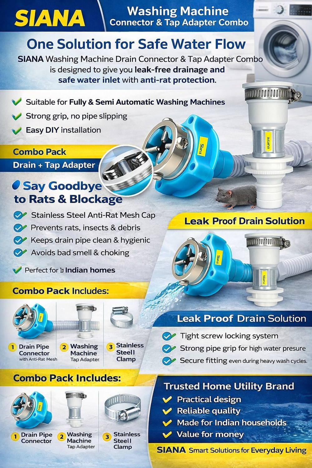 Image of Siana Faucet Water Connector Inlet Pipe Combo Pack Of 2 Washing Machine Tap Adapter