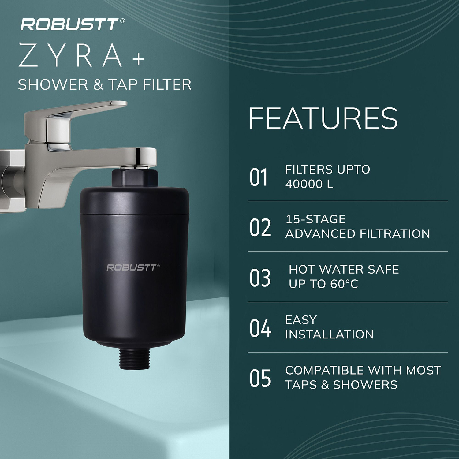 Image of Robustt Zyra+ 20-Stage Shower Cleaner | Reduces Hair Fall for (Municipal /Metro Aqua) Tap Mount Water Filter