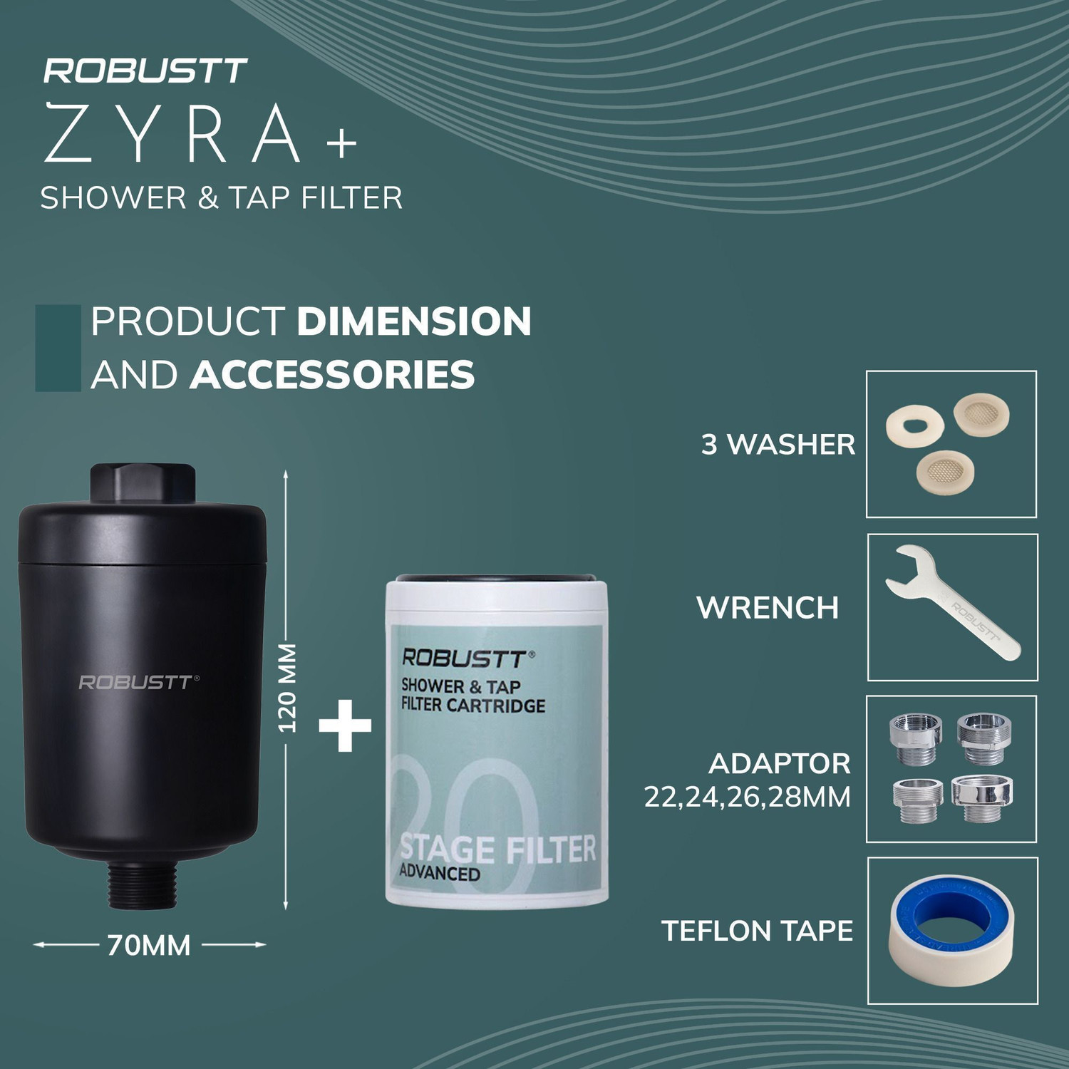 Image of Robustt Zyra+ 20-Stage Shower Cleaner | Reduces Hair Fall for (Municipal /Metro Aqua) Tap Mount Water Filter
