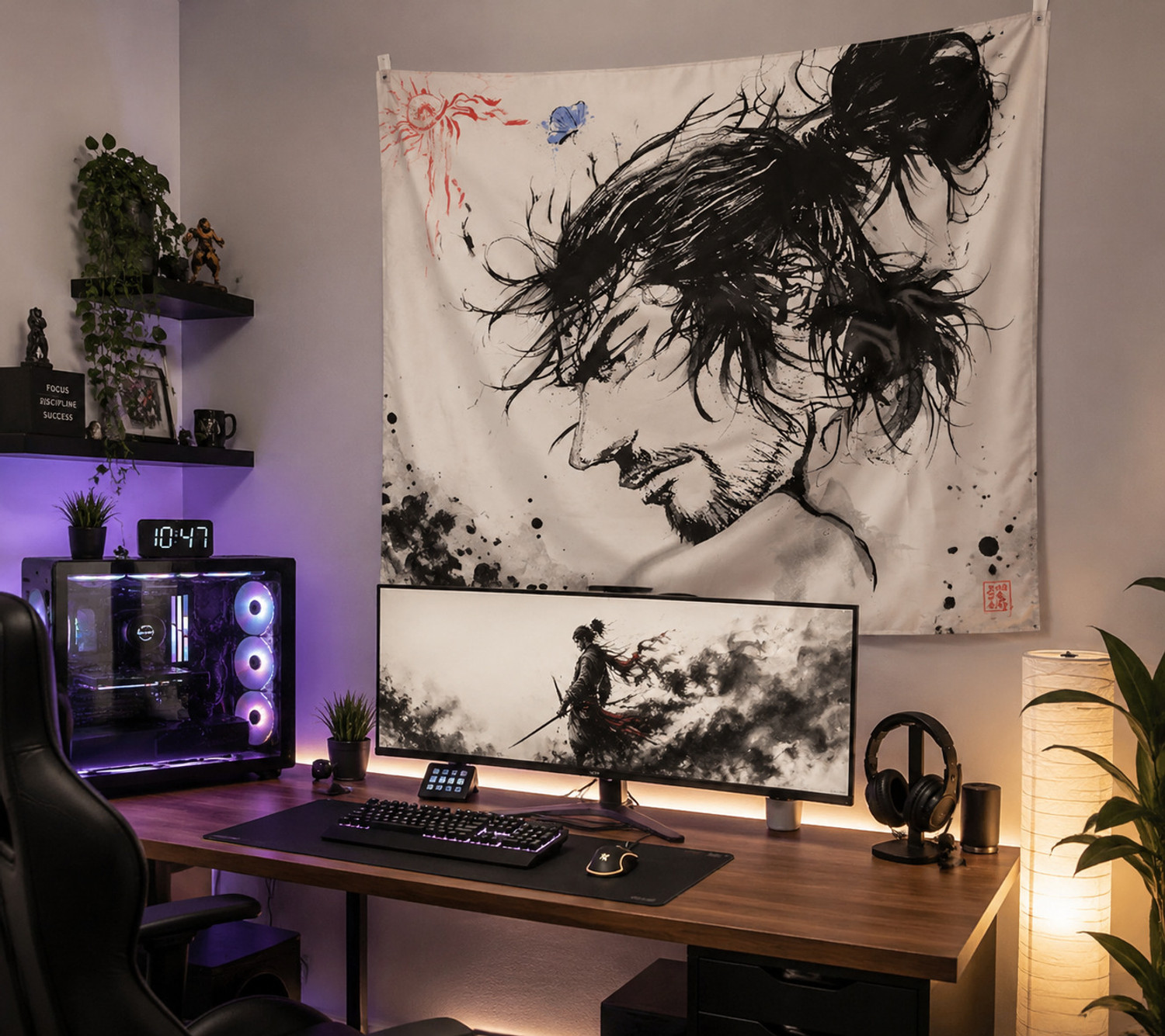 Image of ZORO Samurai Ink Art Tapestry 5x5 Anime | Samurai | Japanese Ink Art Tapestry