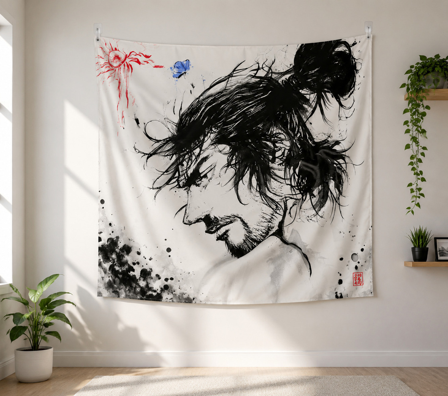 Image of ZORO Samurai Ink Art Tapestry 5x5 Anime | Samurai | Japanese Ink Art Tapestry