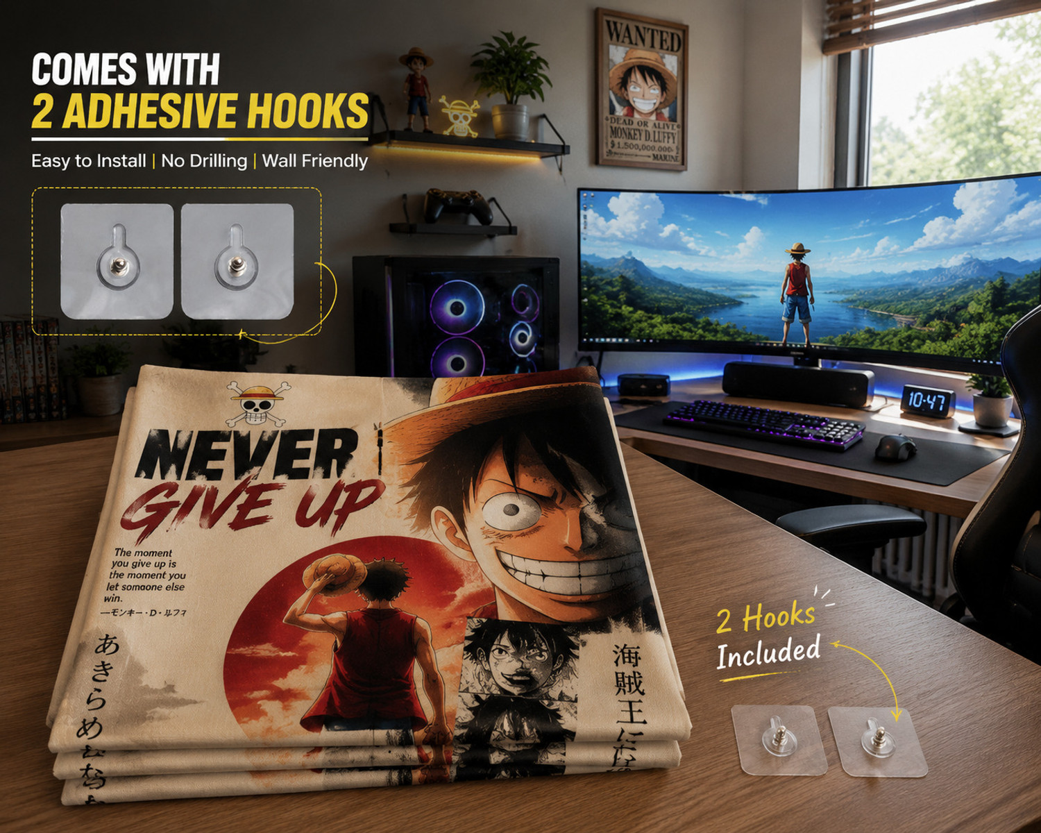 Image of ZORO Monkey D. Luffy Never Give Up Wall Tapestry(5*7 feet) Monkey D. Luffy | One Piece | Never Give Up | Anime | Gaming Room Decor Tapestry (Multicolor)