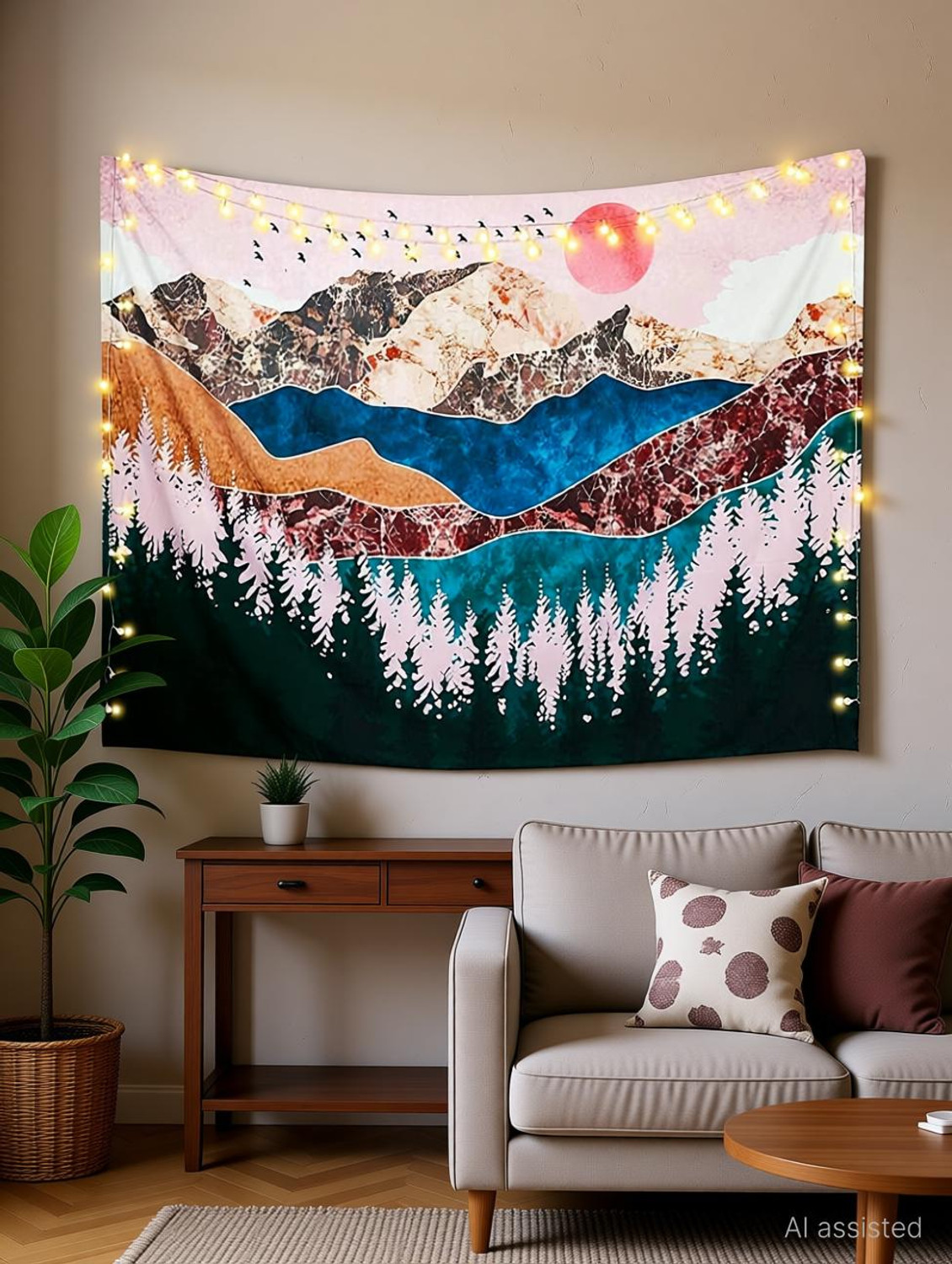 Image of PALAY Sunset Forest Tree Mountain Tapestry Wall Hanging Psychedelic Nature Landscape Sunset Forest Tree Mountain Tapestry