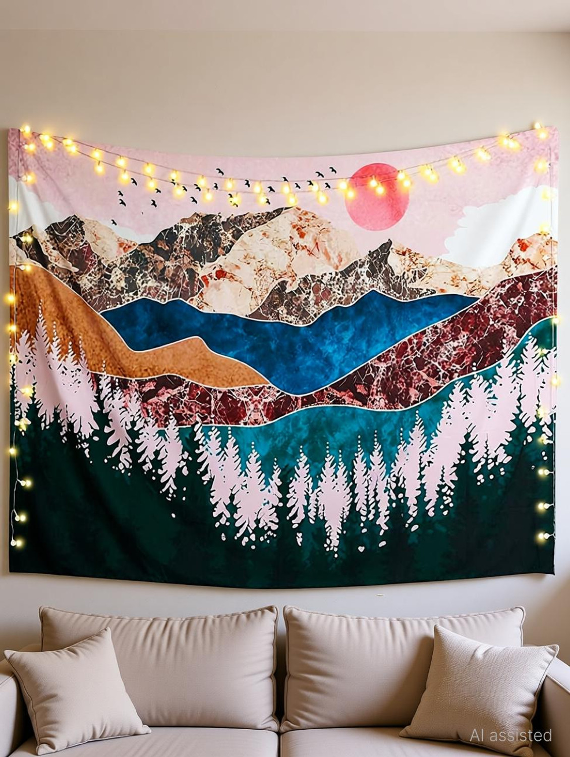 Image of PALAY Sunset Forest Tree Mountain Tapestry Wall Hanging Psychedelic Nature Landscape Sunset Forest Tree Mountain Tapestry