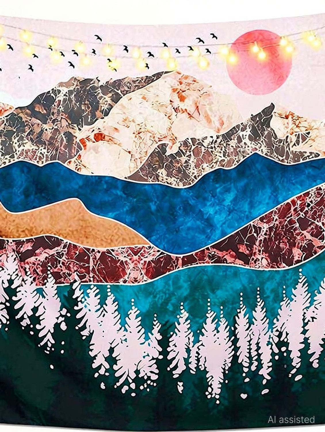 Image of PALAY Sunset Forest Tree Mountain Tapestry Wall Hanging Psychedelic Nature Landscape Sunset Forest Tree Mountain Tapestry