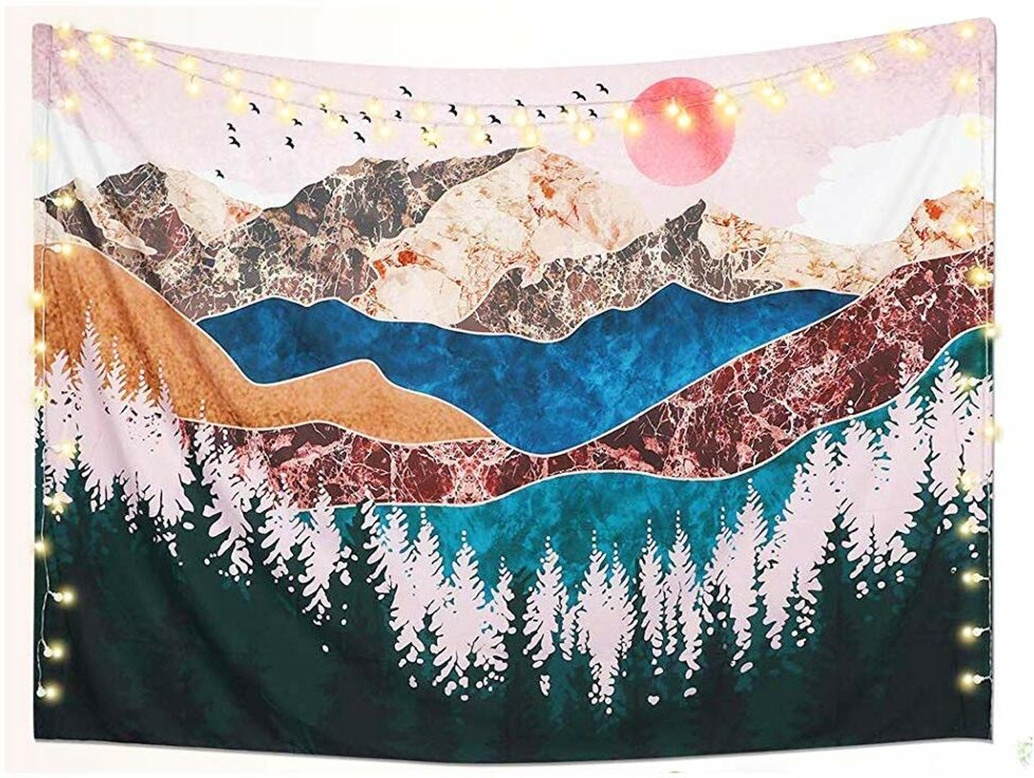 Image of PALAY Sunset Forest Tree Mountain Tapestry Wall Hanging Psychedelic Nature Landscape Sunset Forest Tree Mountain Tapestry