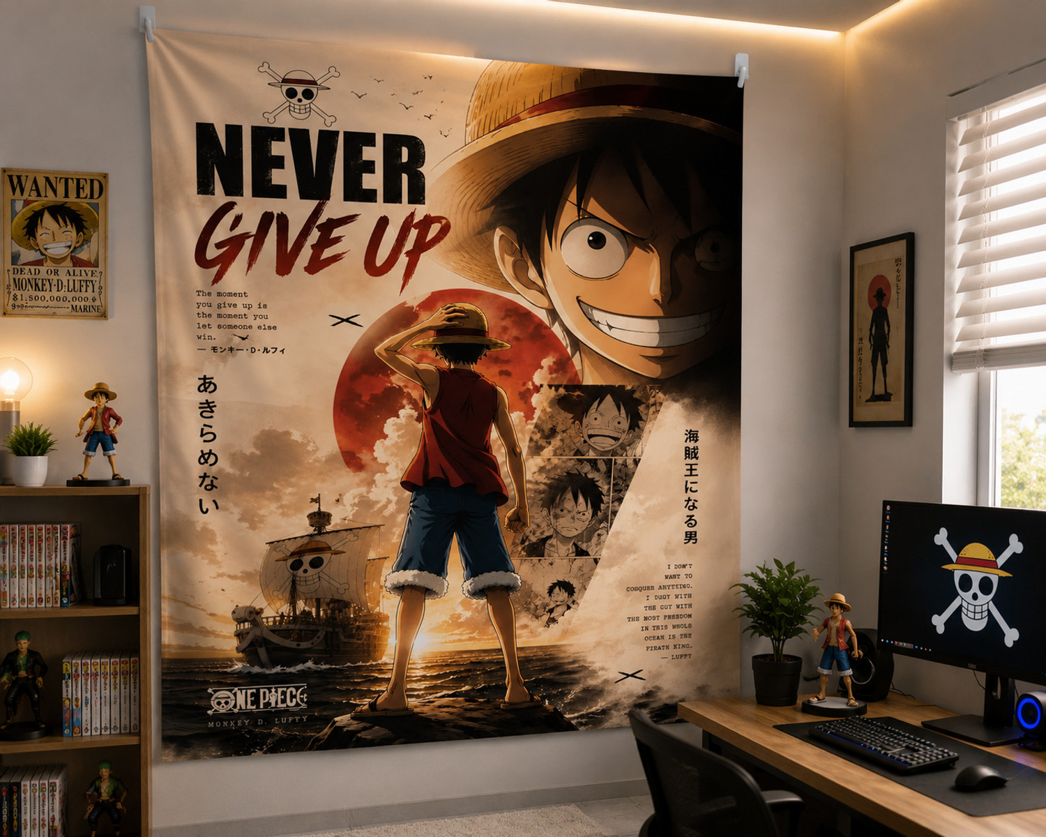 Image of ZORO Monkey D. Luffy Never Give Up Wall Tapestry(5*7 feet) Monkey D. Luffy | One Piece | Never Give Up | Anime | Gaming Room Decor Tapestry (Multicolor)