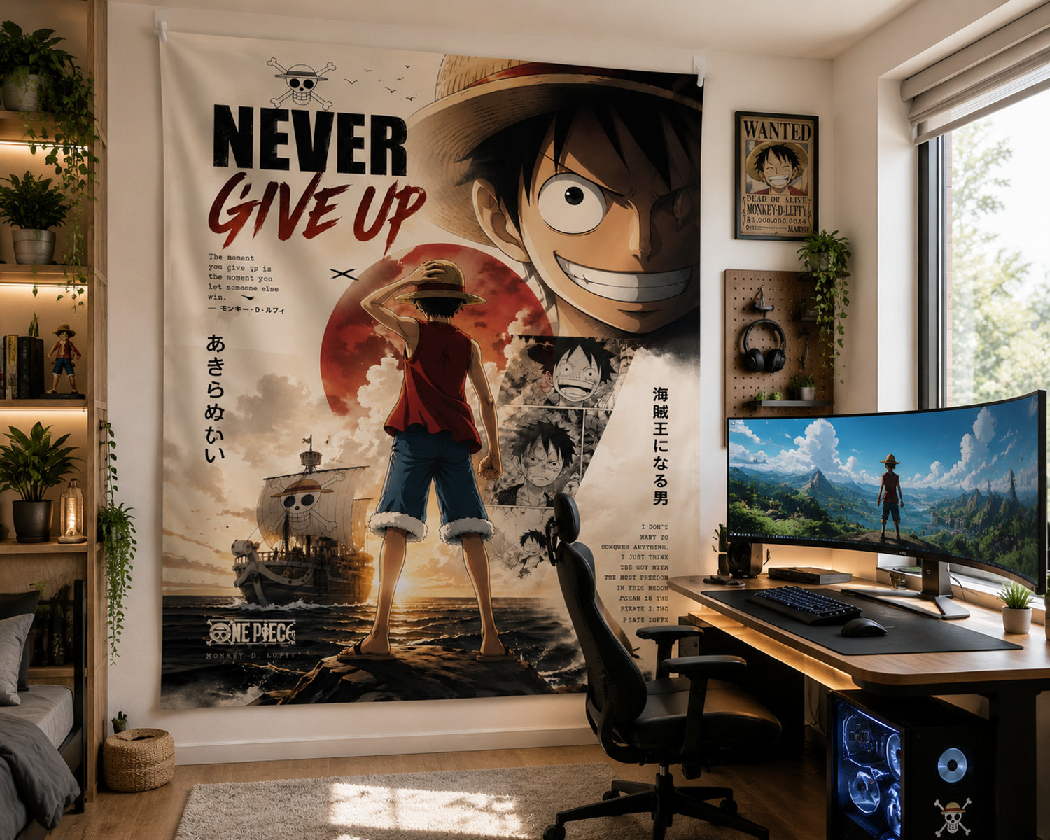 Image of ZORO Monkey D. Luffy Never Give Up Wall Tapestry(5*7 feet) Monkey D. Luffy | One Piece | Never Give Up | Anime | Gaming Room Decor Tapestry (Multicolor)
