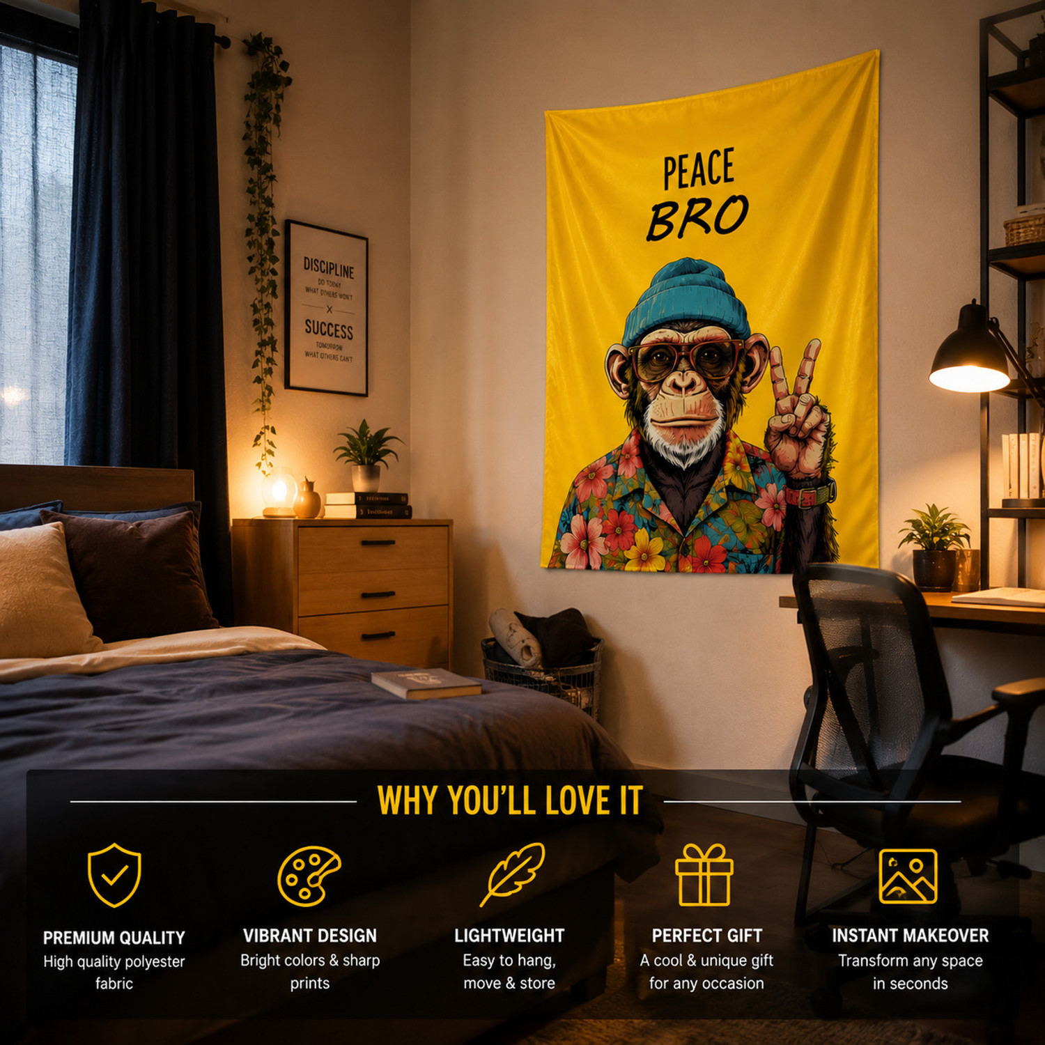 Image of BeliCom PEACE BRO Monkey Wall Hanging Flag Tapestry for Bedroom, Dorm, Living Room Decor Tapestry
