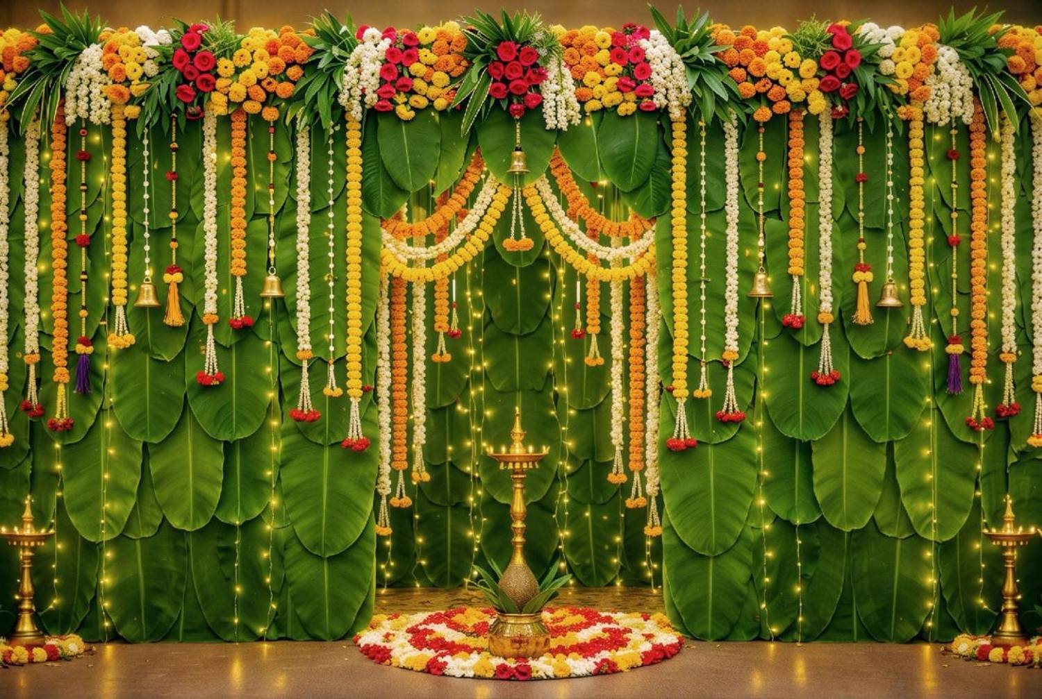 Arya Green Banana Leaf Tapestry with Lighting and Roses - Image 1