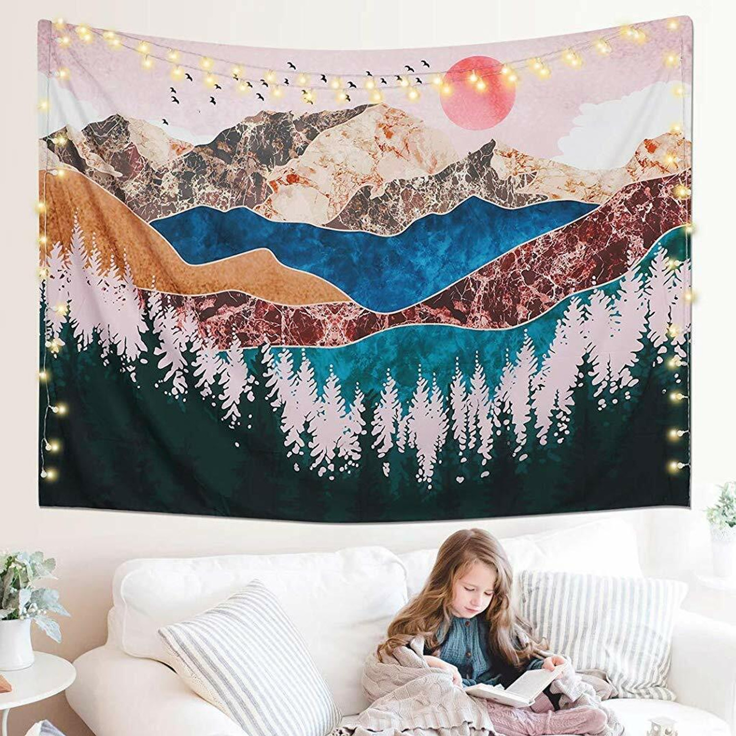 Image of PALAY Sunset Forest Tree Mountain Tapestry Wall Hanging Psychedelic Nature Landscape Sunset Forest Tree Mountain Tapestry