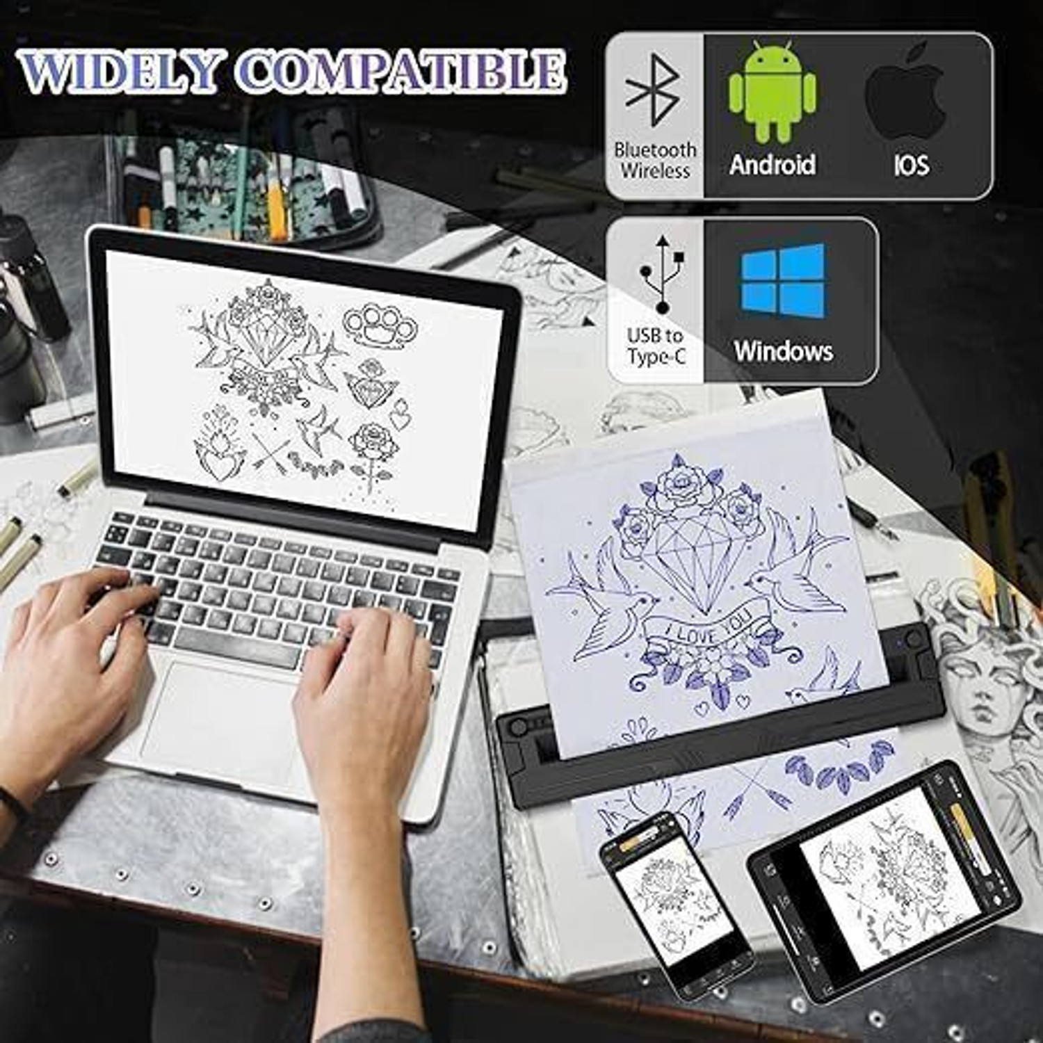 Image of Tattoo gizmo M8 Wireless Tattoo Stencil Printer, Portable Bluetooth Thermal Tattoo A4 Printer Temporary Tattoo Kit