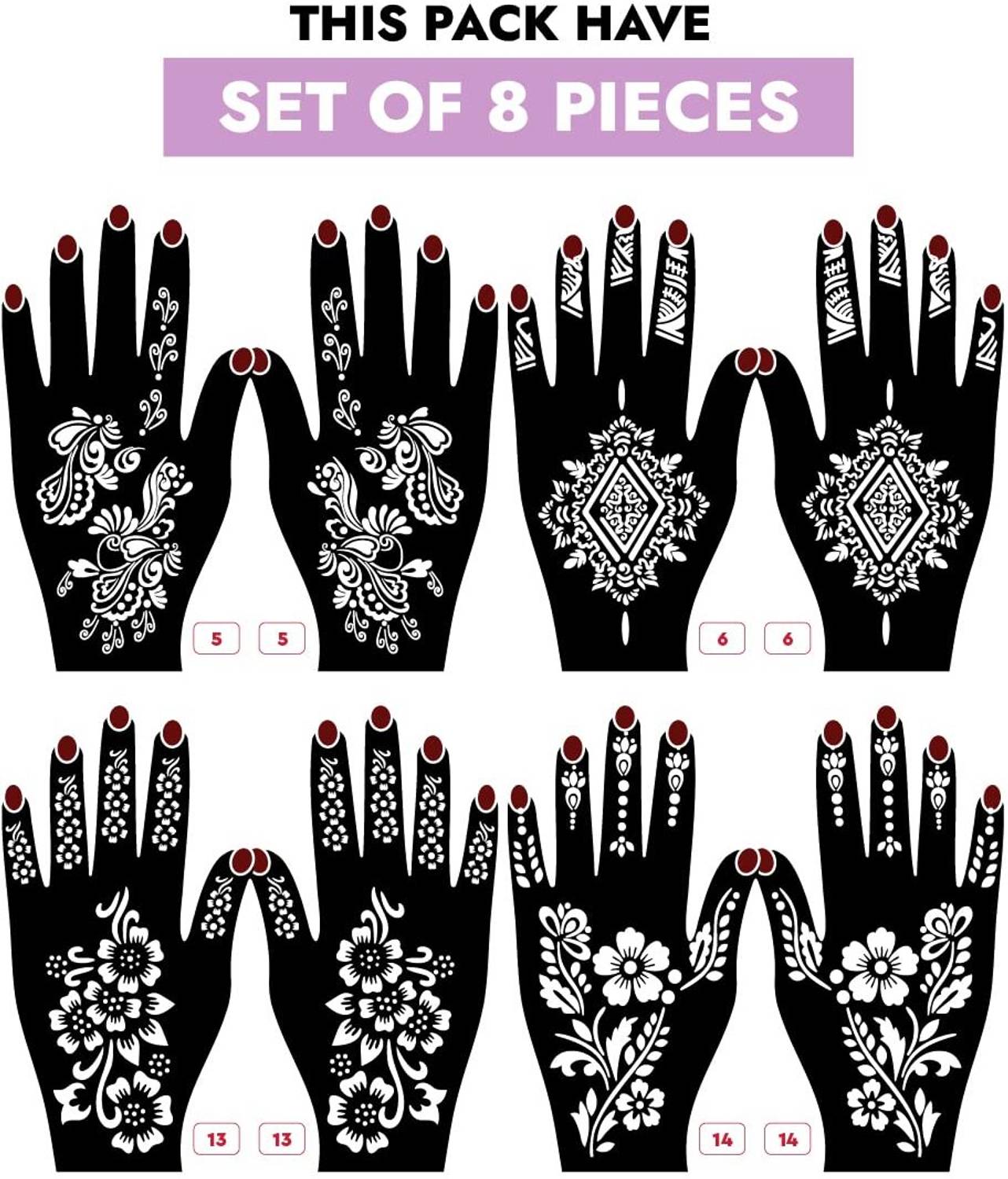 IVANA'S Pack of 8 Mehandi Tatto Stencils Set for Women, Girls & Kids