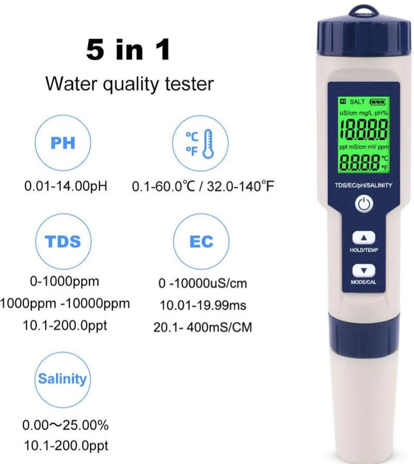 Image of Real Instruments 5 in 1 Function Water Quality Testing Meter PH Digital TDS Meter