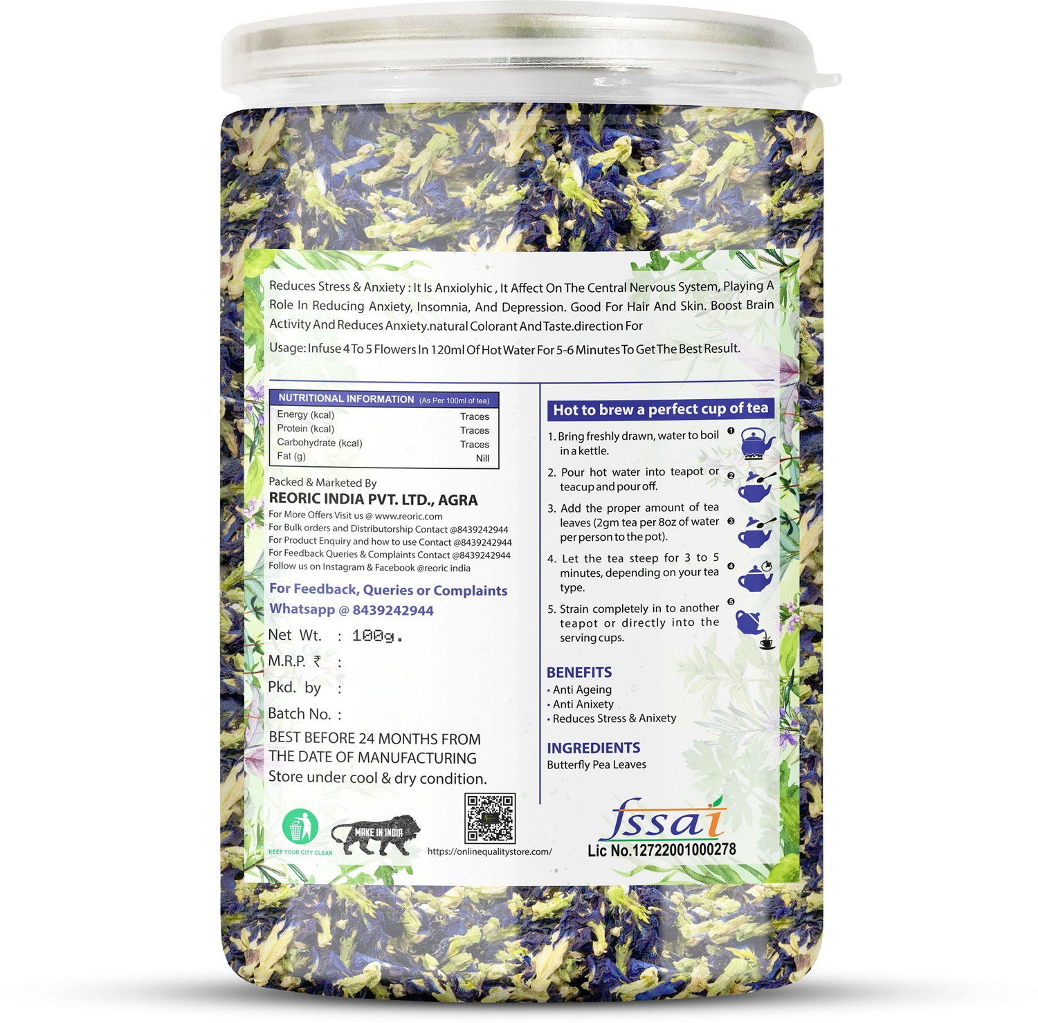 Image of BRALCON Organic Butterfly Pea Flower Tea, Lemongrass Tea Combo Pack 100g Each| Herbal Tea Plastic Bottle