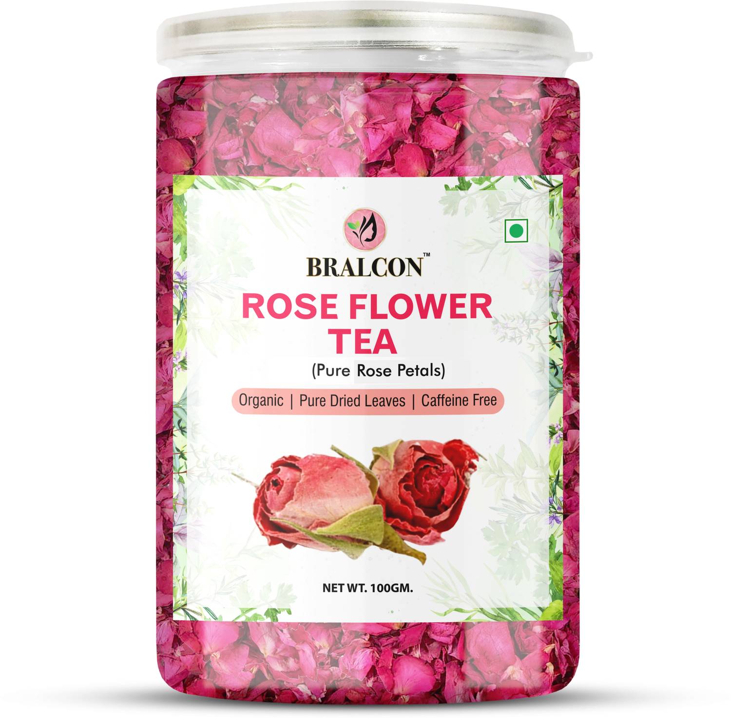 BRALCON Organic Rose Flower Tea- 100g | Pure Rose Petals| Rose Tea |Sun Dried Leaves Rose Herbal Tea Plastic Bottle