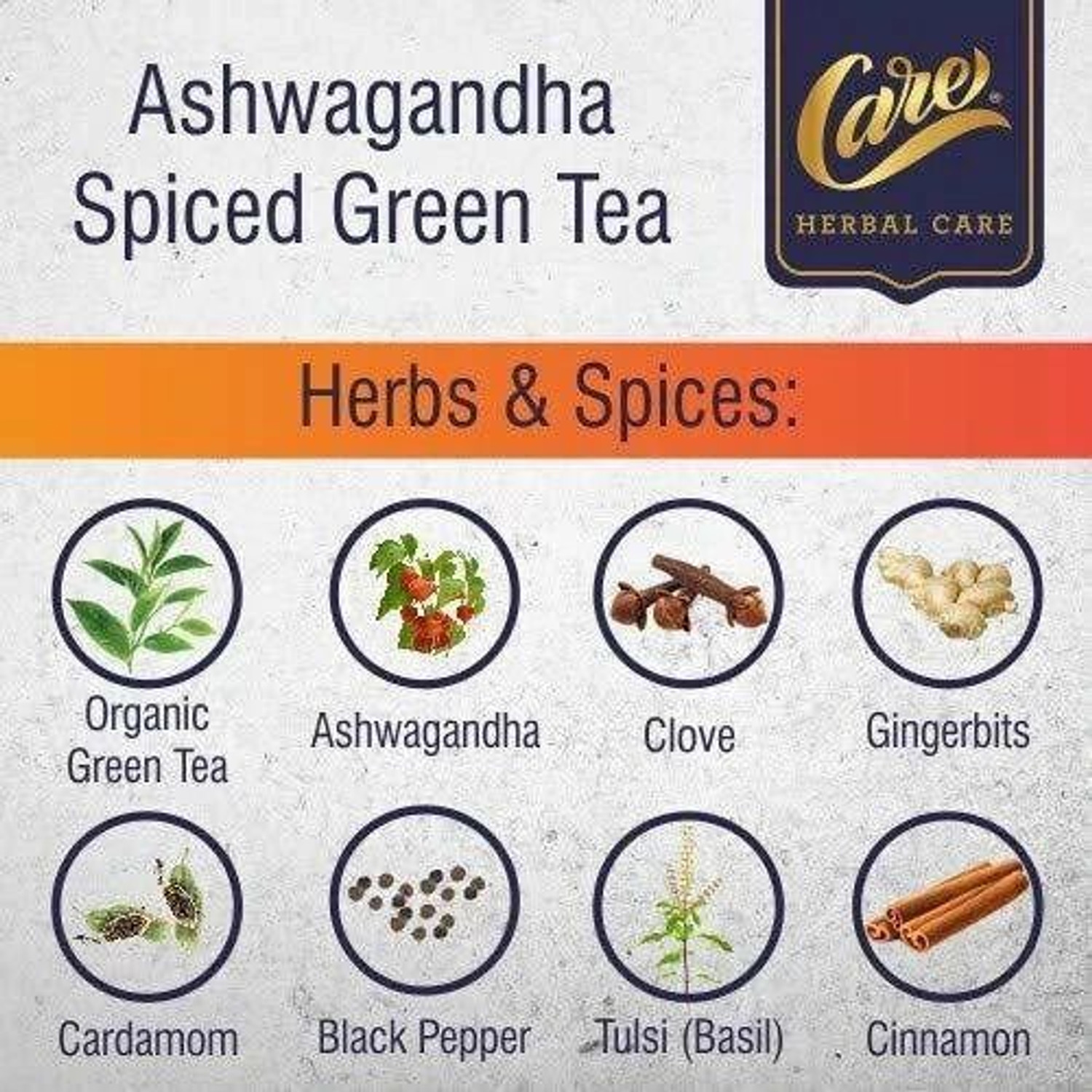 Image of CARE Ashwagandha Spiced Green Tea 2 Black Pepper, Cardamom, Cinnamon, Cloves, Ginger, Tulsi Herbal Tea Bags Box