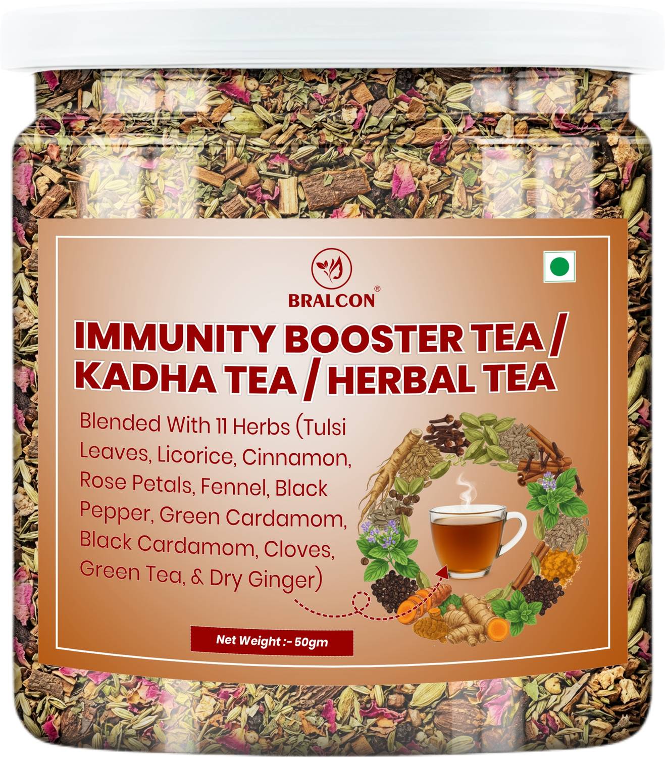 BRALCON Immunity Booster Tea/Kadha & Herbal Tea 50gm Blended with 11 Herbs Unflavoured Herbal Tea Plastic Bottle