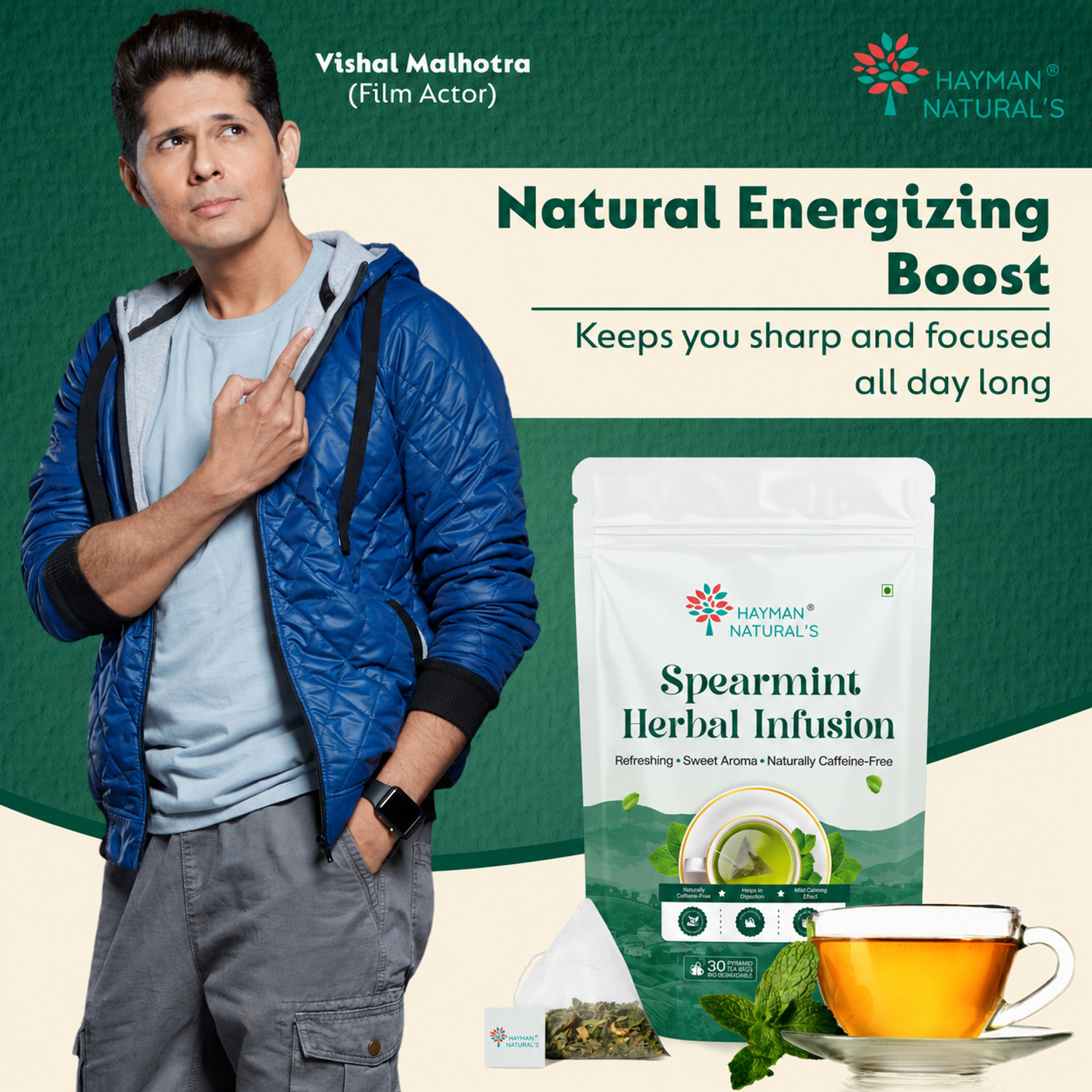 Image of HAYMAN NATURAL'S Spearmint Herbal Infusion |PCOS Relief, Balance Hormones|30 Pyramid Herbal Tea Bags Pouch (30 Bags)