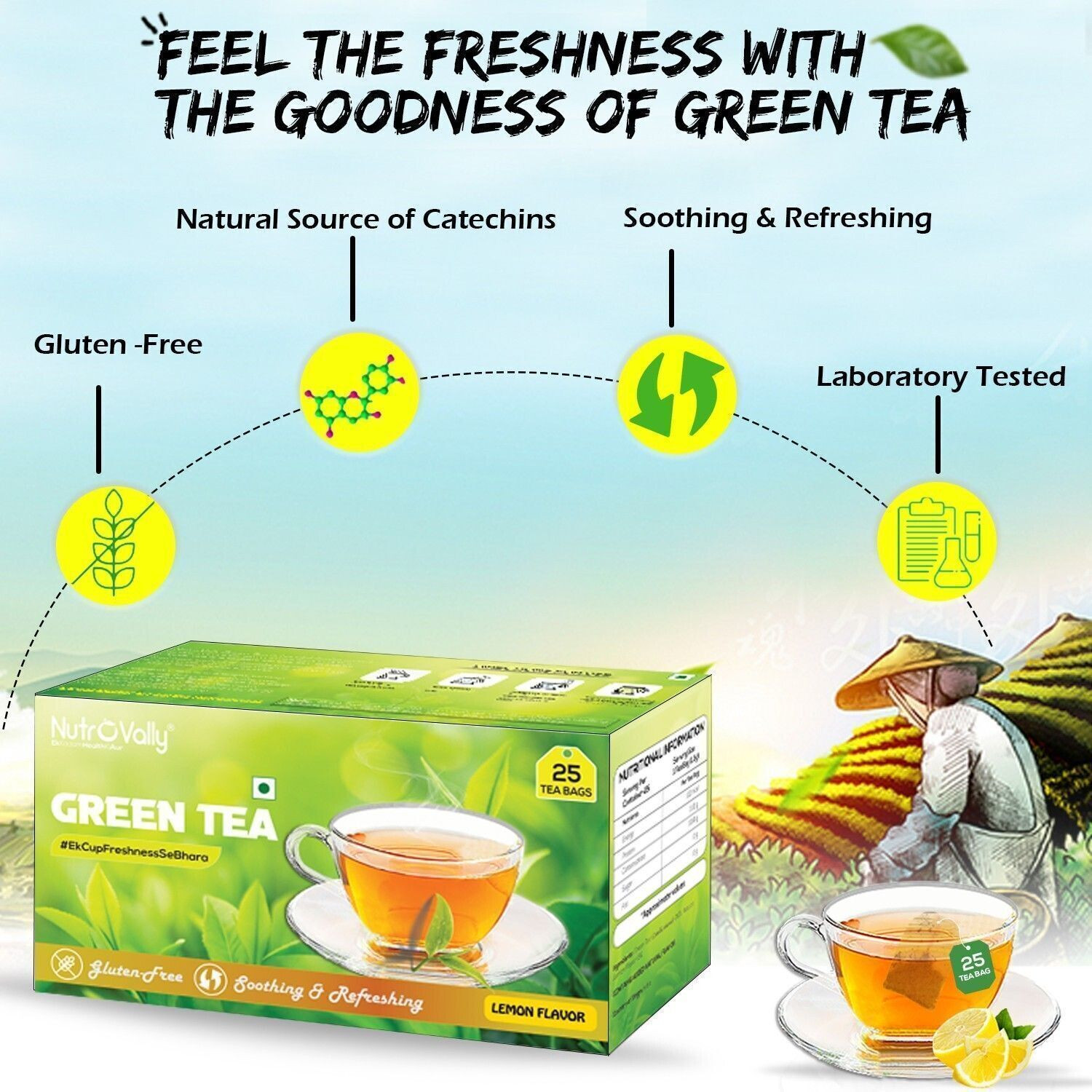 Image of NutroVally for weight loss & Build Immunity | Premium tea leaves with Active Ingredients Lemon Green Tea Bags Box