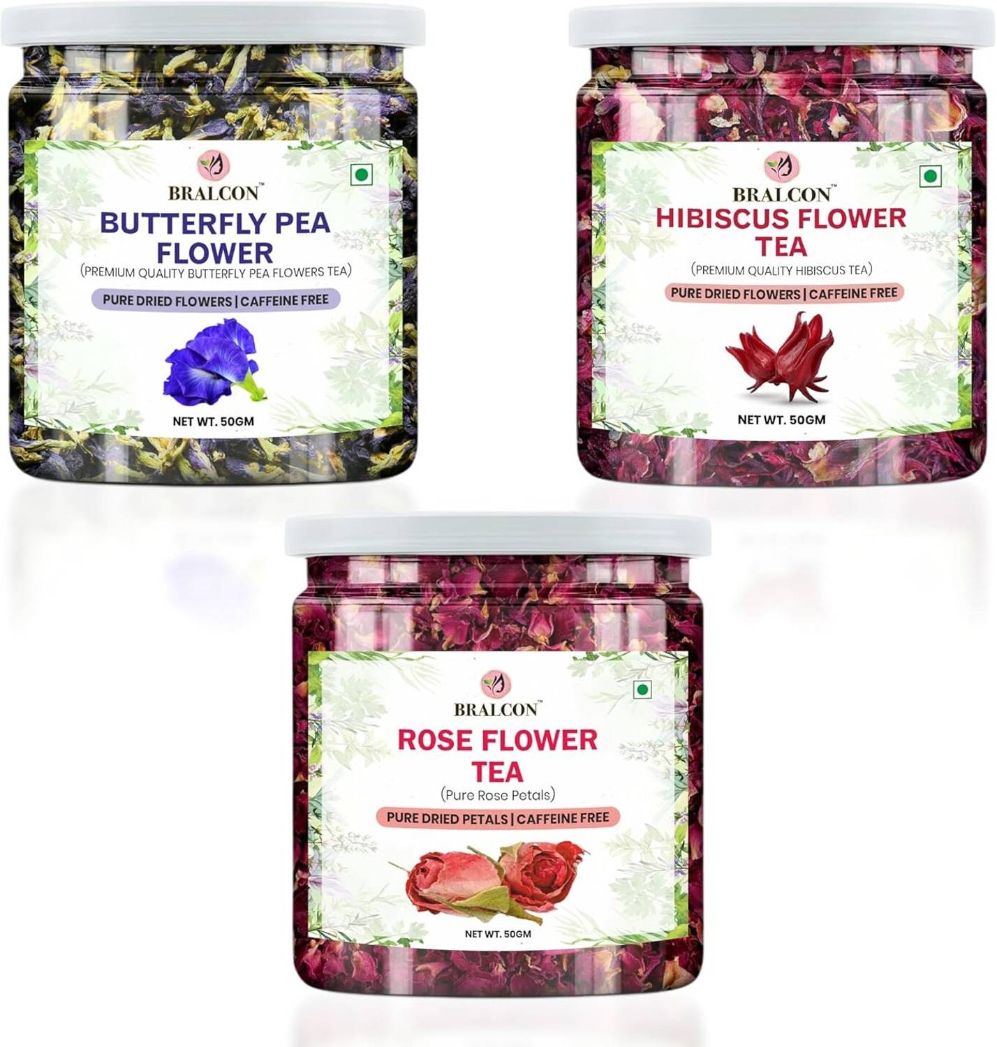 BRALCON Butterfly Pea, Hibiscus, Rose Combo Herbal Tea Mason Jar