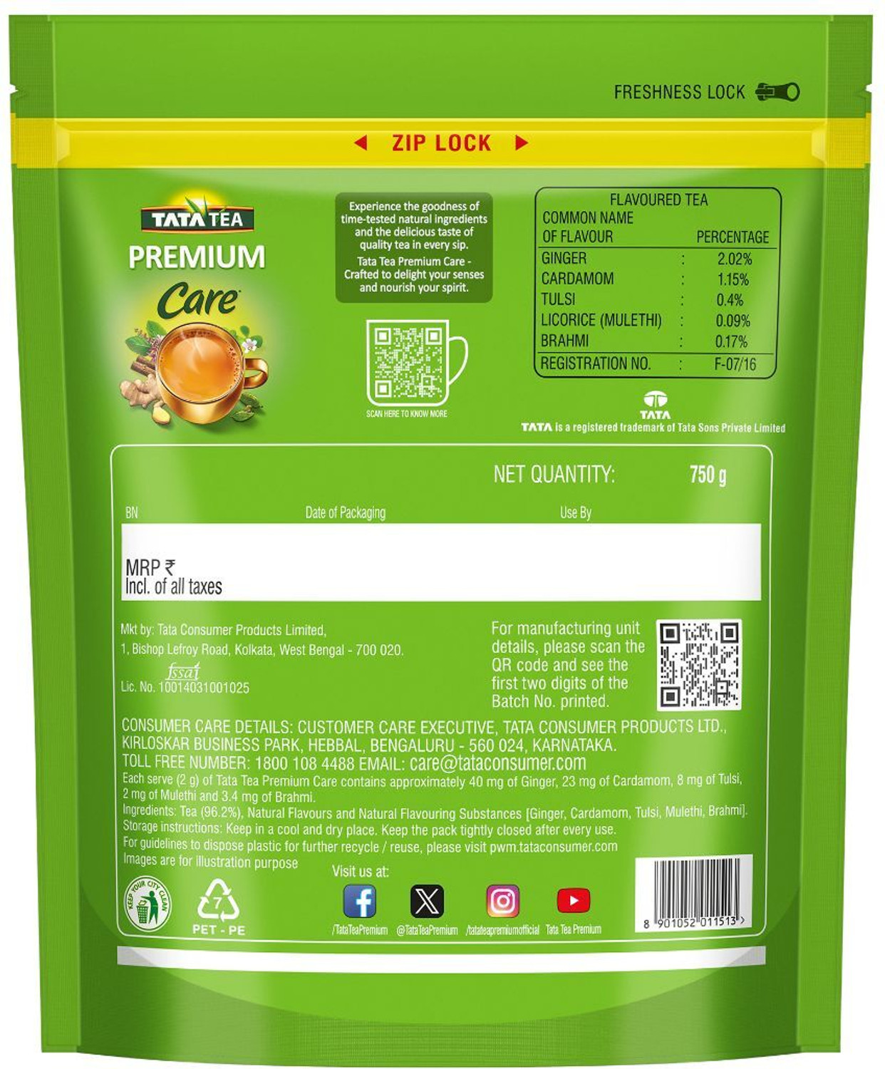 Image of Tata Tea Premium Care Ginger, Cardamom, Tulsi, Mulethi, Brahmi Black Tea Box