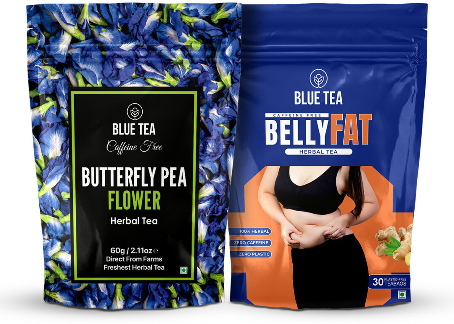 Image of BLUE TEA Combo - Butterfly Pea - 60g & Belly Fat - 30 Tea Bags Ginger Herbal Tea Bags Pouch