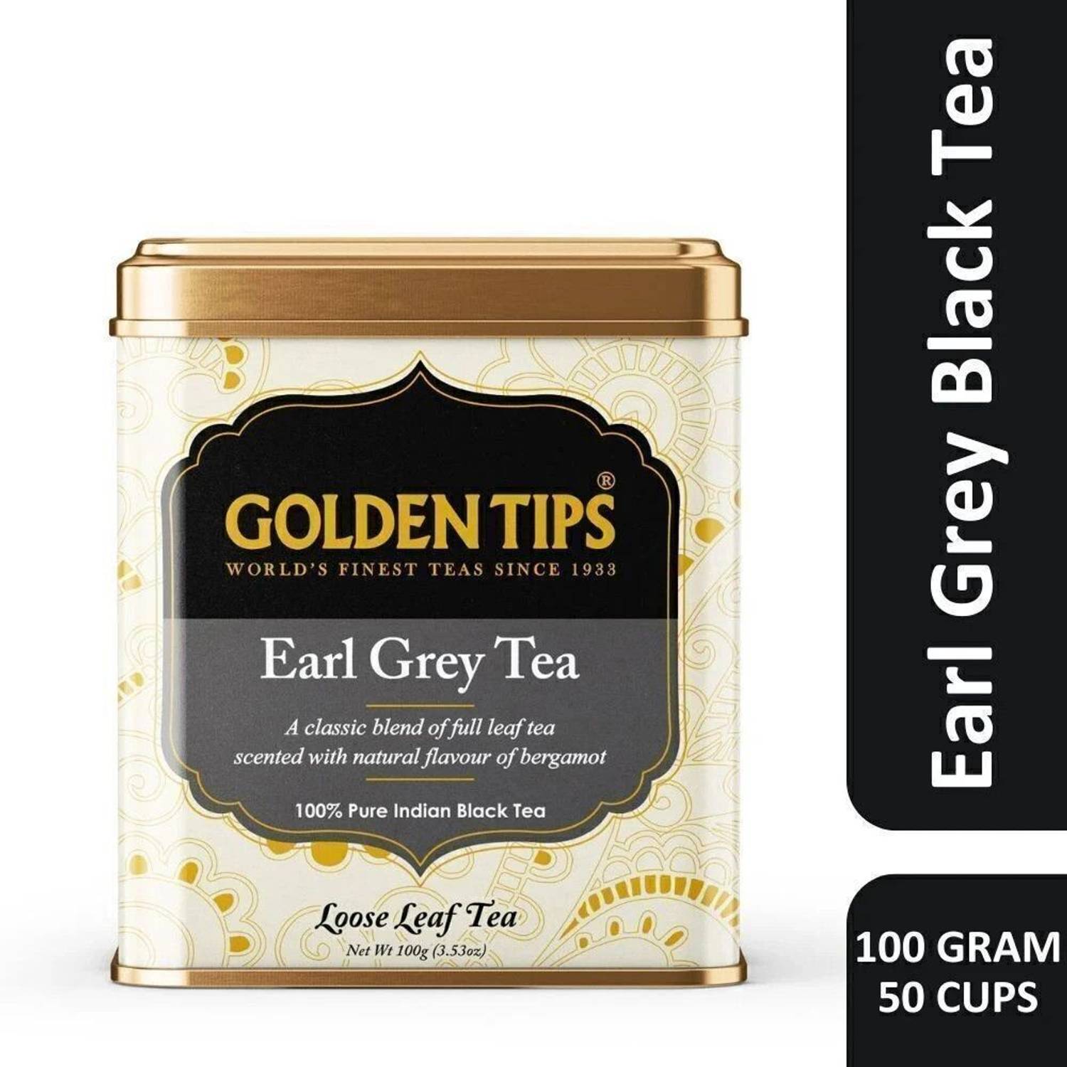 Golden Tips Premium Darjeeling Full Loose Leaves Earl Grey Bergamot Orange Black Tea Tin