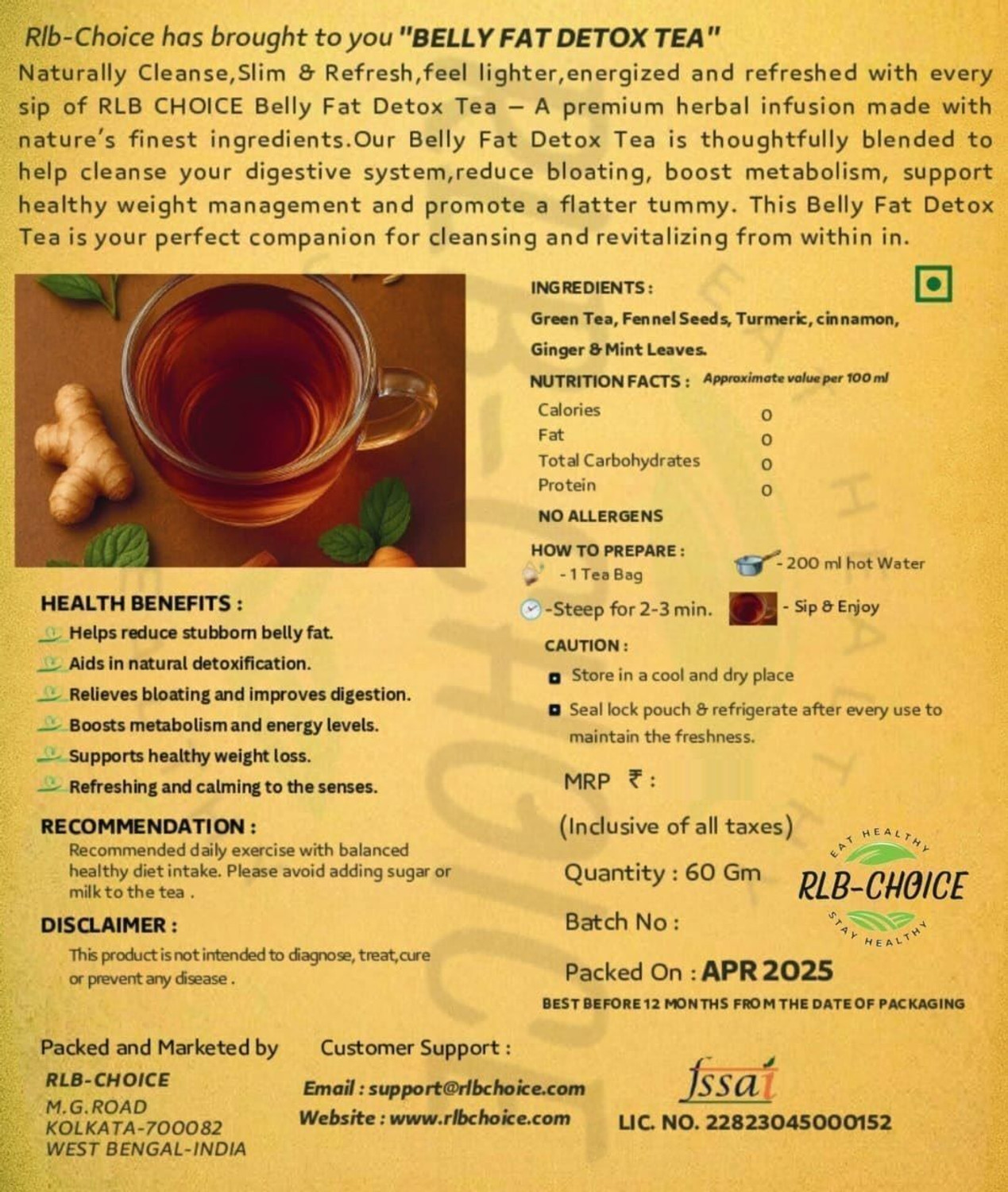 Image of RLB-CHOICE Melt Belly Fat With Natural Detox Blend | Weight Loss,Reduce Bloating,Slim Belly Ginger, Turmeric, Cinnamon Green Tea Bags Pouch