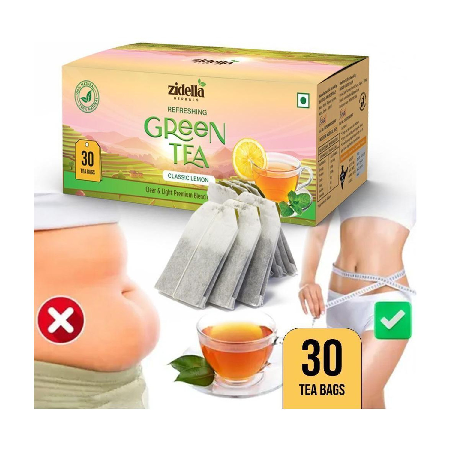 Image of Zidella Herbals Weight Loss Green Tea | Immunity Booster, Riched In Vitamin C|Detox Slimming Tea Lemon Green Tea Bags Box