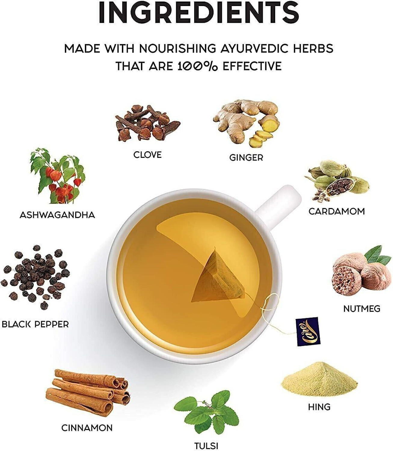 Image of CARE Ashwagandha Spiced Herbal Green Tea | Pack of 100 Tea Bags Black Pepper, Cardamom, Cinnamon, Cloves, Ginger, Tulsi Green Tea Bags Box