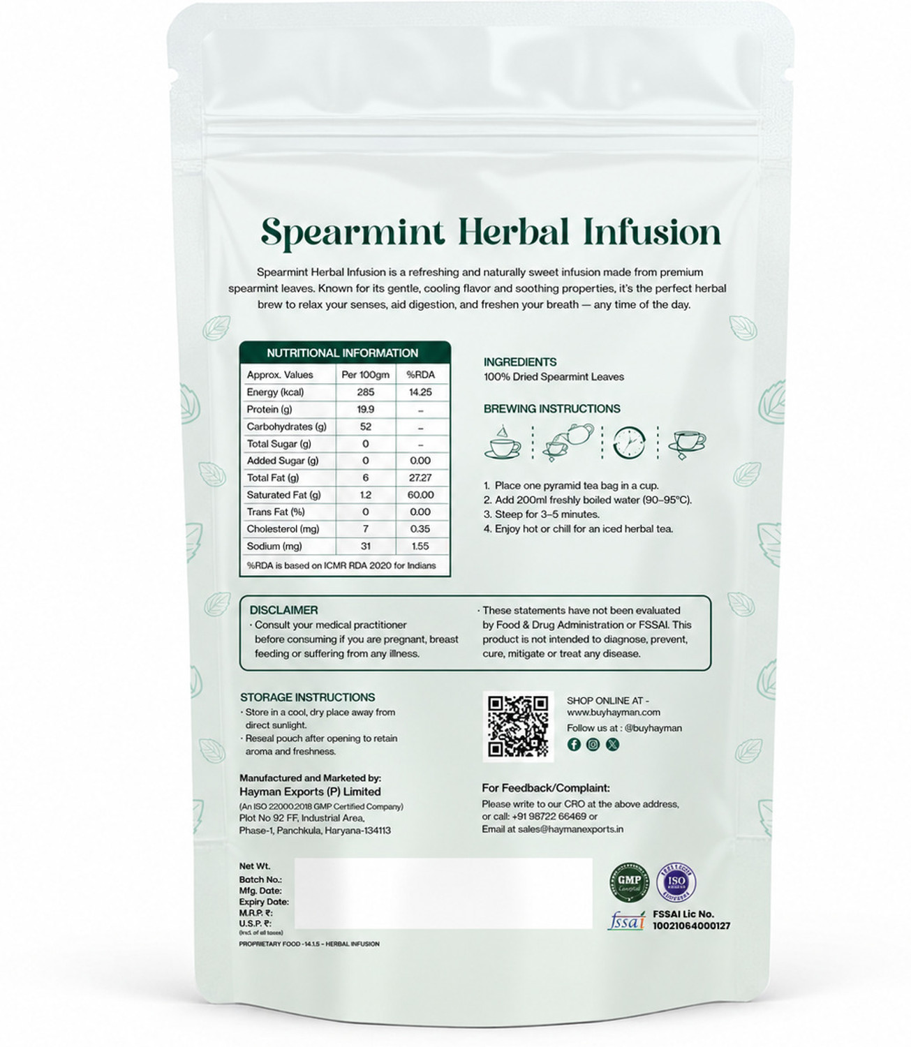 Image of HAYMAN NATURAL'S Spearmint Herbal Infusion |PCOS Relief, Balance Hormones|30 Pyramid Herbal Tea Bags Pouch (30 Bags)