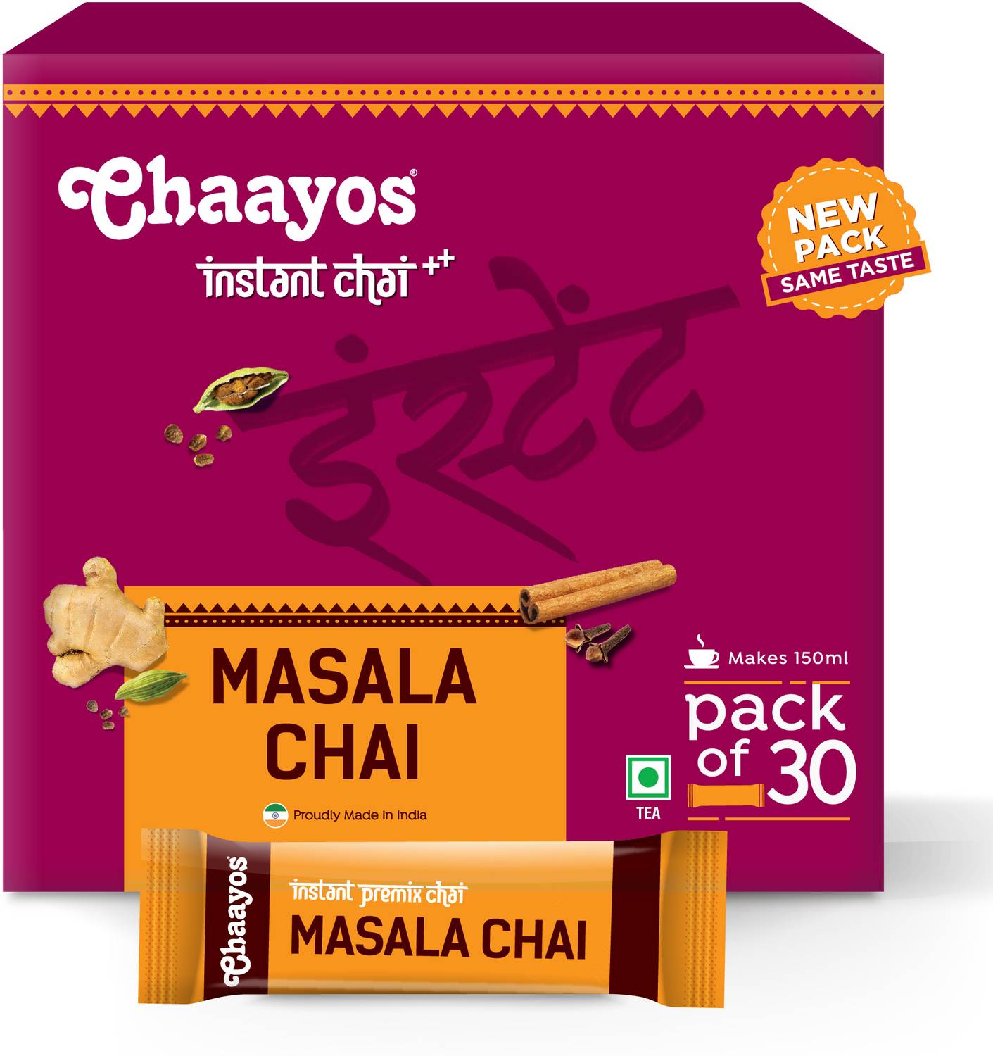Chaayos Masala Flavour (Black Pepper, Cardamom, Cinnamon, Ginger, Cloves, Fennel) Instant Tea Premix (30 Sachets) Spices, Black Pepper, Cardamom, Cinnamon, Ginger, Cloves, Fennel Instant Tea Box