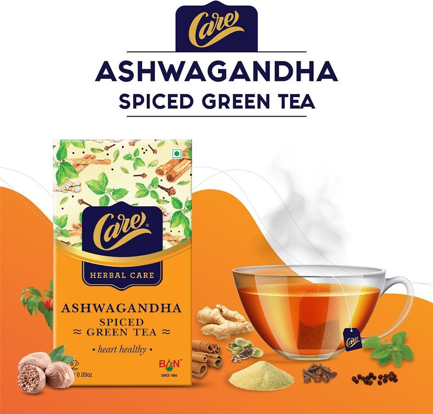 Image of CARE Ashwagandha Spiced Herbal Green Tea | Pack of 100 Tea Bags Black Pepper, Cardamom, Cinnamon, Cloves, Ginger, Tulsi Green Tea Bags Box