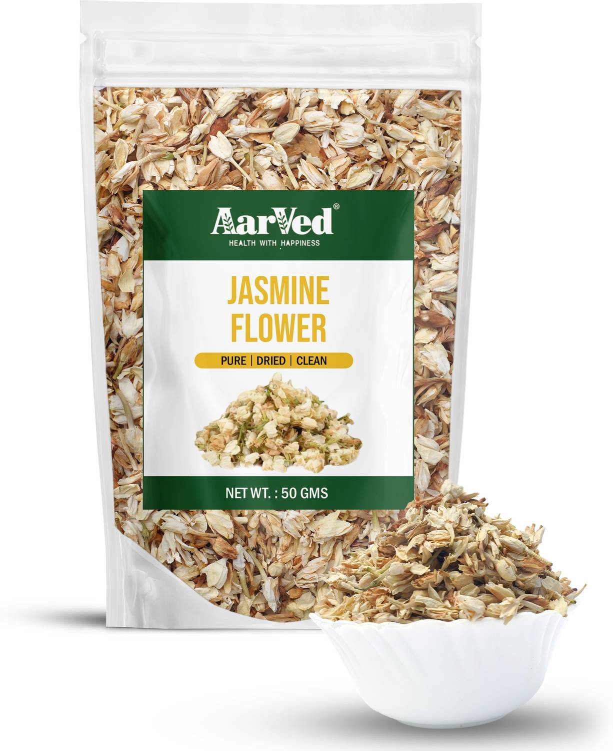 AarVed Natural Edible Dried Jasmine Flower for Decoration & Tea | Caffeine Free Jasmine Jasmine Tea Pouch