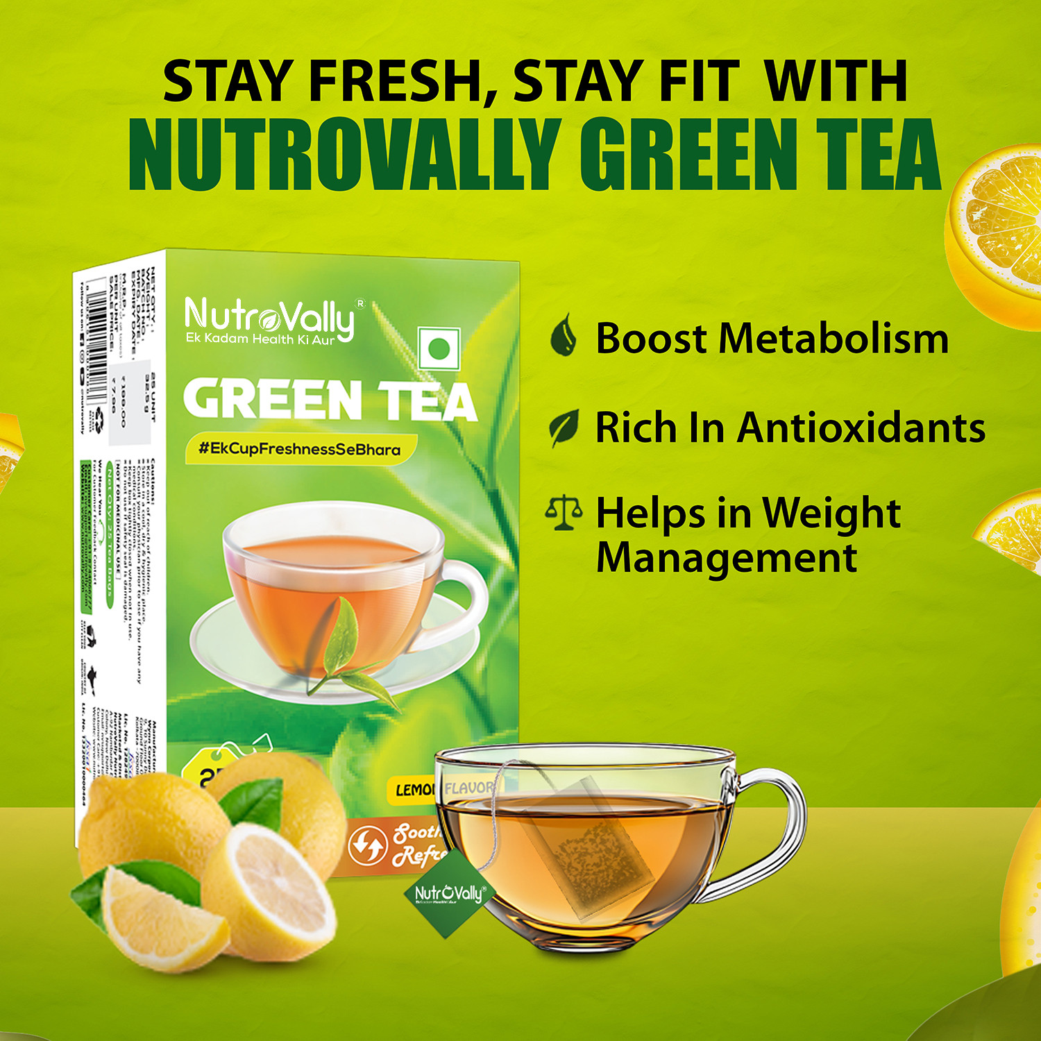 Image of NutroVally Premium Green Tea with Lemon | Weight Loss, Immunity Booster Rich Tea Leaves | Lemon Green Tea Bags Box
