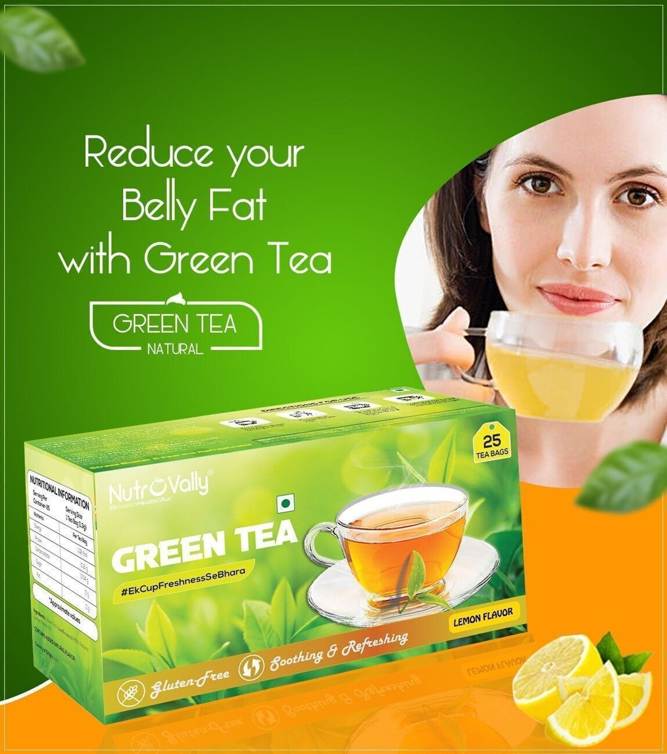 Image of NutroVally for weight loss & Build Immunity | Premium tea leaves with Active Ingredients Lemon Green Tea Bags Box