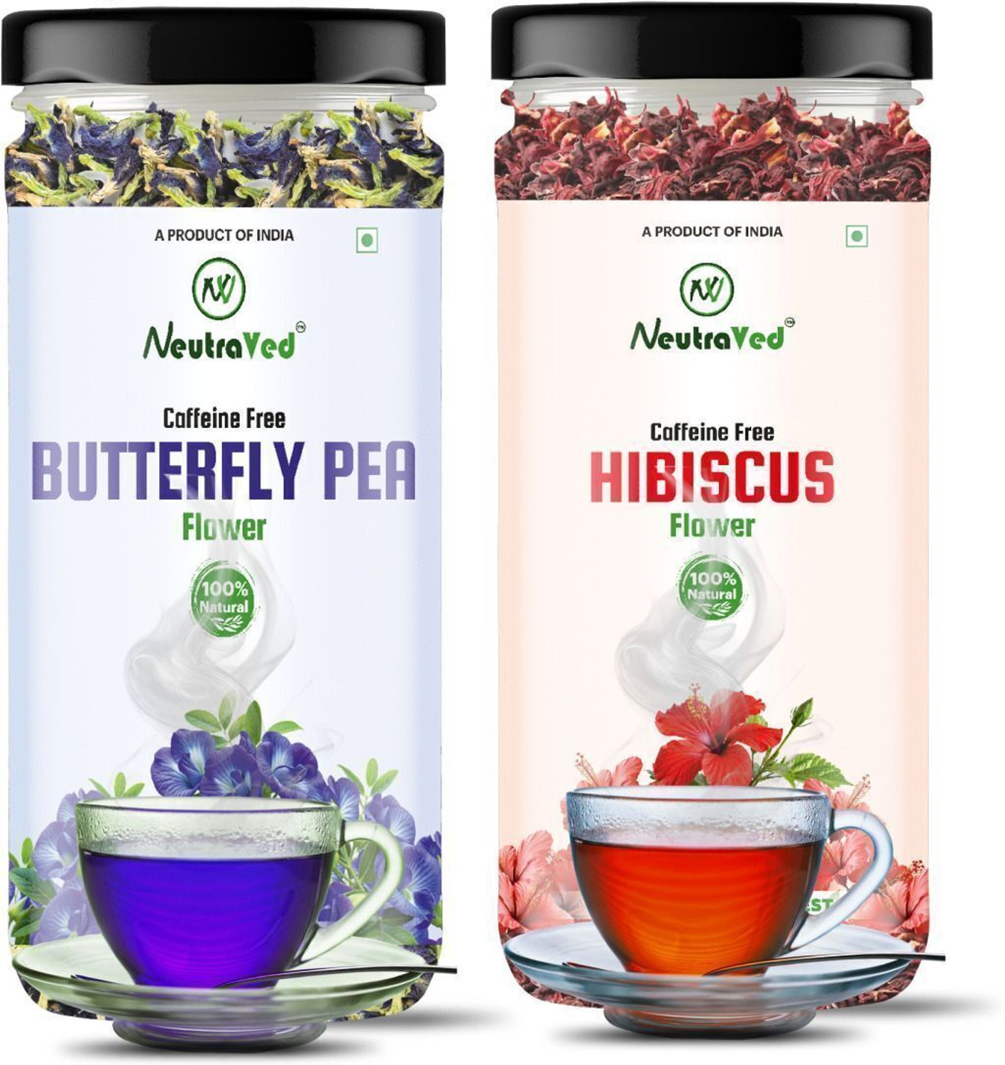 Image of NeutraVed Blue Butterfly Pea Flowers 20g & Hibiscus Flower 30g Premium Tea | Caffeine-Free Hibiscus Herbal Tea Plastic Bottle