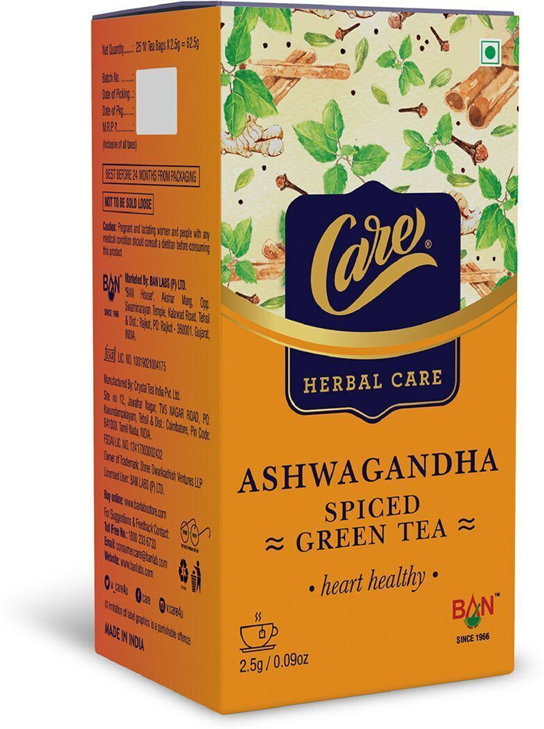 Image of CARE Ashwagandha Spiced Herbal Green Tea | Pack of 100 Tea Bags Black Pepper, Cardamom, Cinnamon, Cloves, Ginger, Tulsi Green Tea Bags Box