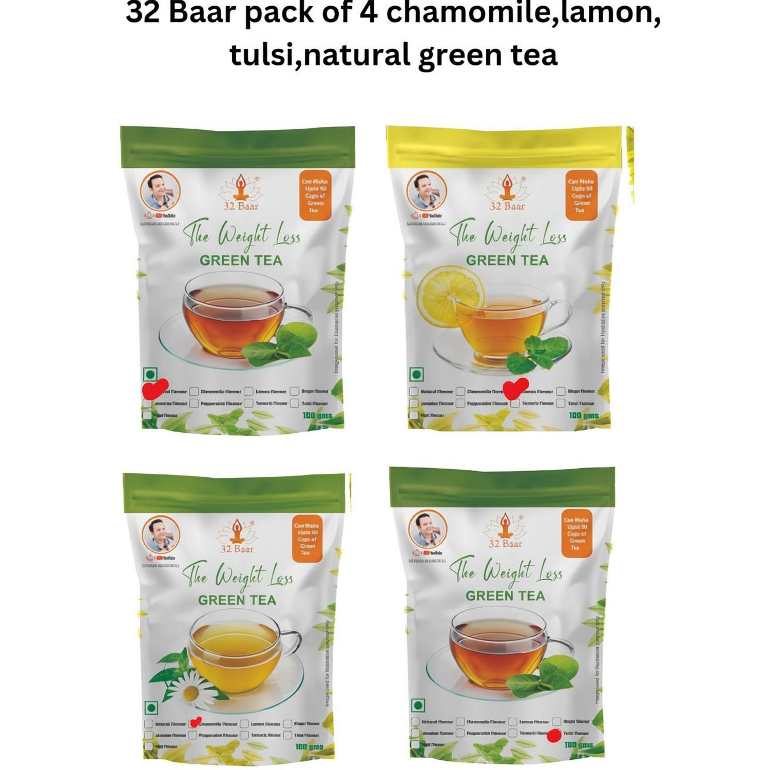 Image of 32 Baar Set Of 4 Chamomile Green Tea Pouch