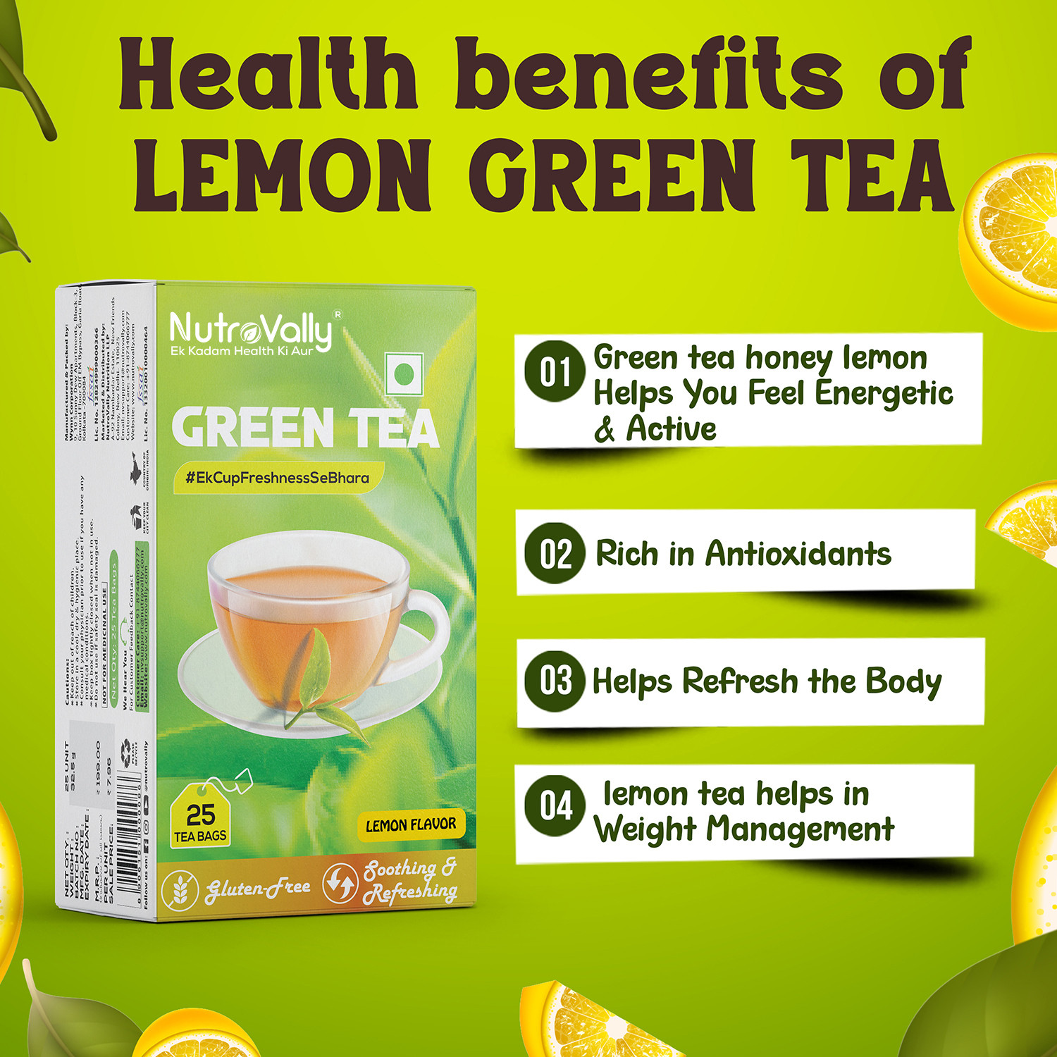 Image of NutroVally Premium Green Tea with Lemon | Weight Loss, Immunity Booster Rich Tea Leaves | Lemon Green Tea Bags Box